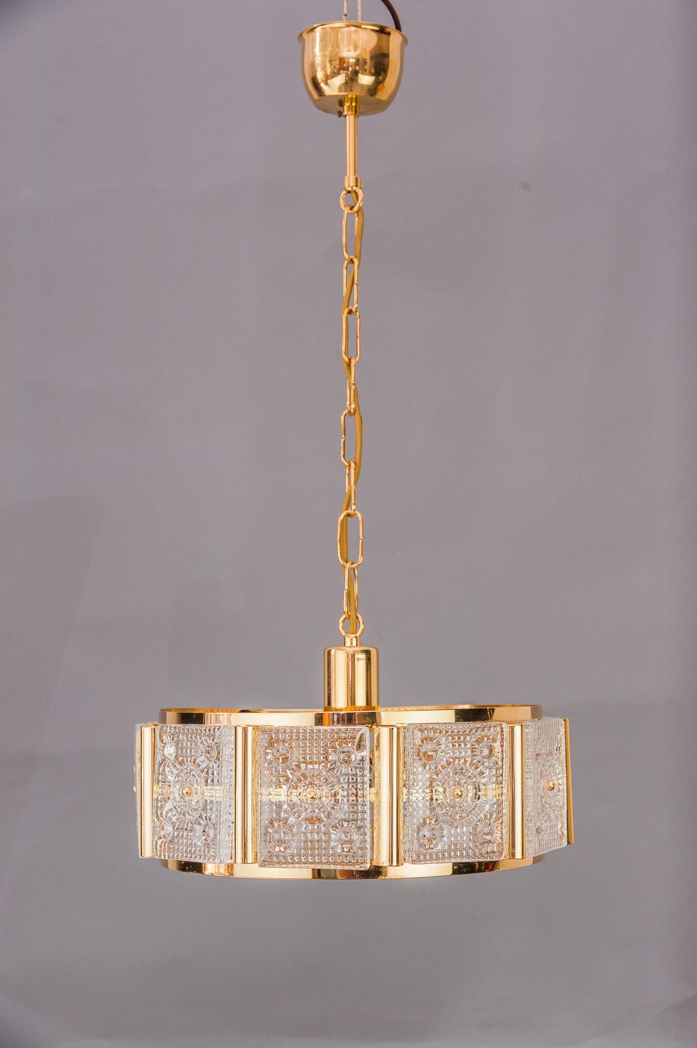 Gilt Carl Fagerlund for Orrefors, Gilded Brass, Chandelier For Sale