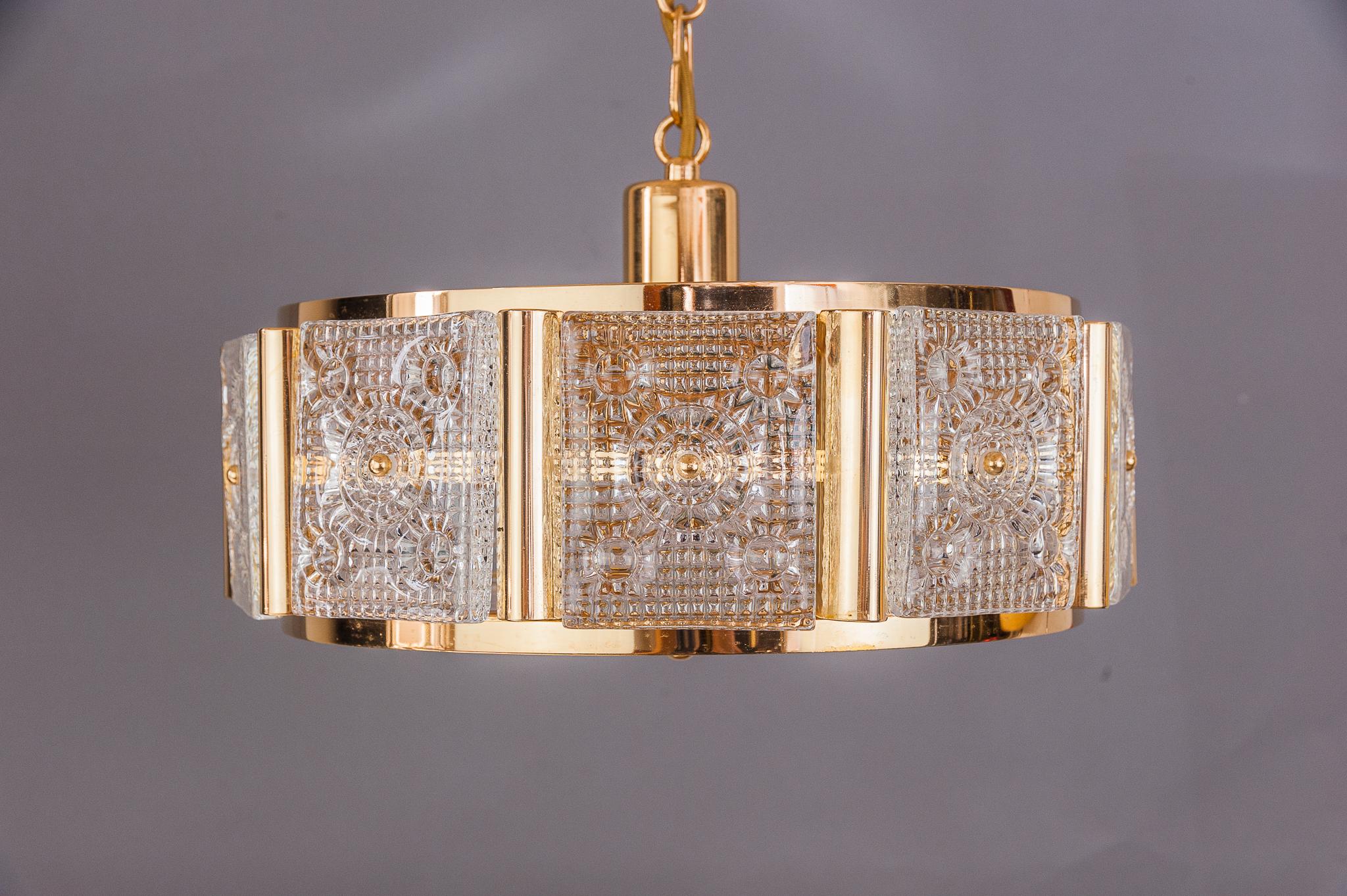 Mid-20th Century Carl Fagerlund for Orrefors, Gilded Brass, Chandelier For Sale