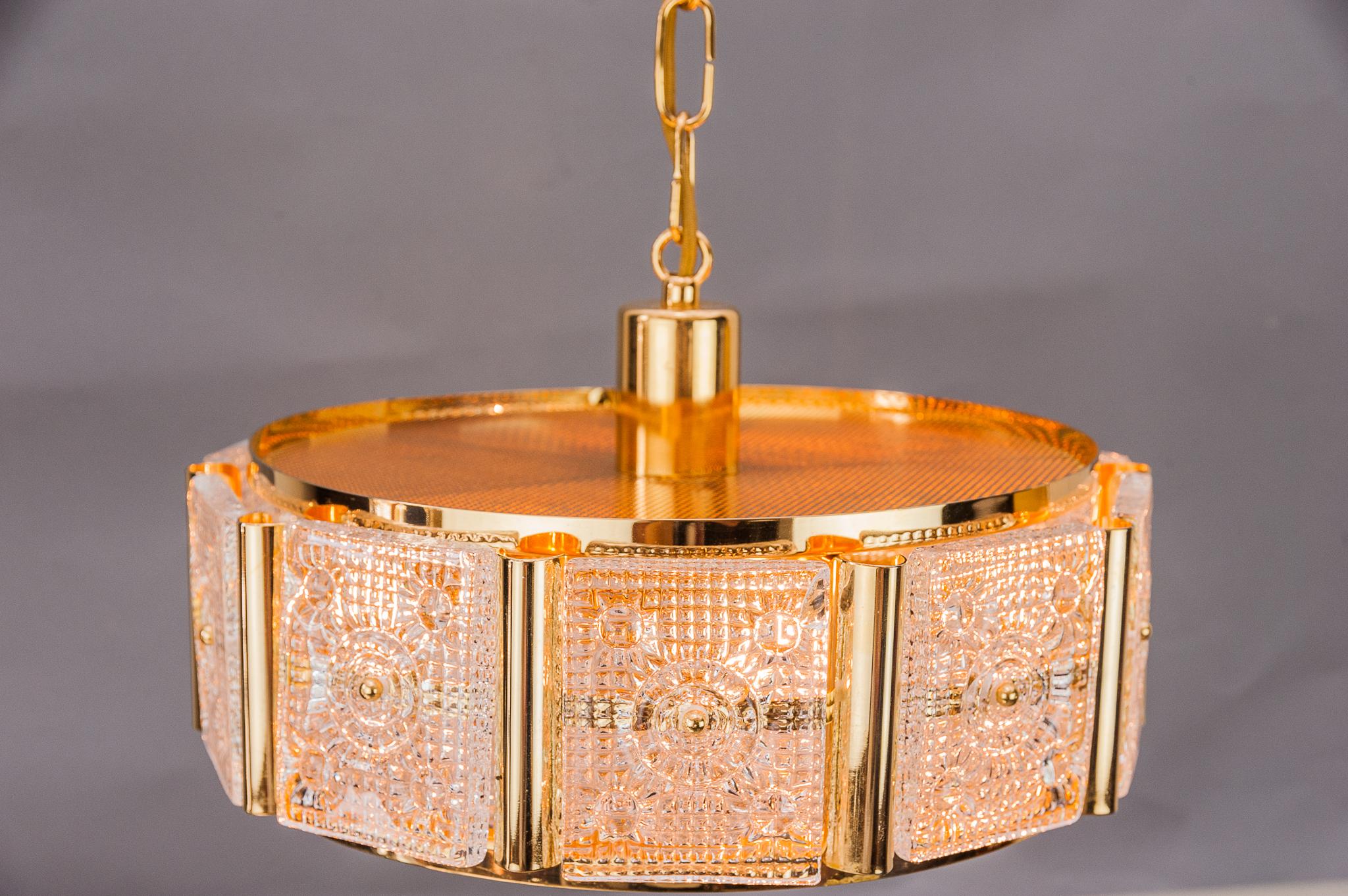 Glass Carl Fagerlund for Orrefors, Gilded Brass, Chandelier For Sale