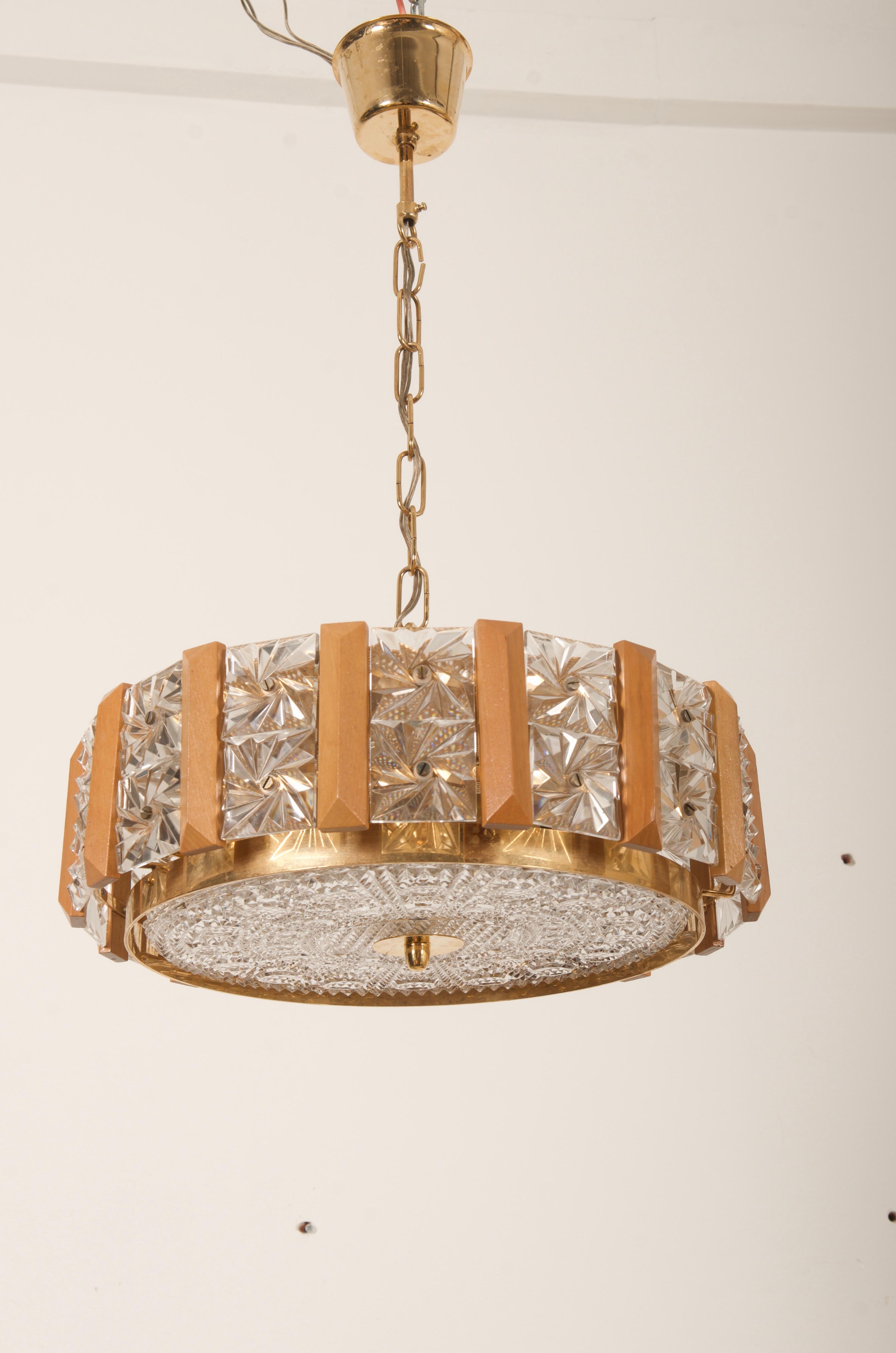 Swedish Carl Fagerlund for Orrefors Glass, Brass and Teak Chandelier For Sale