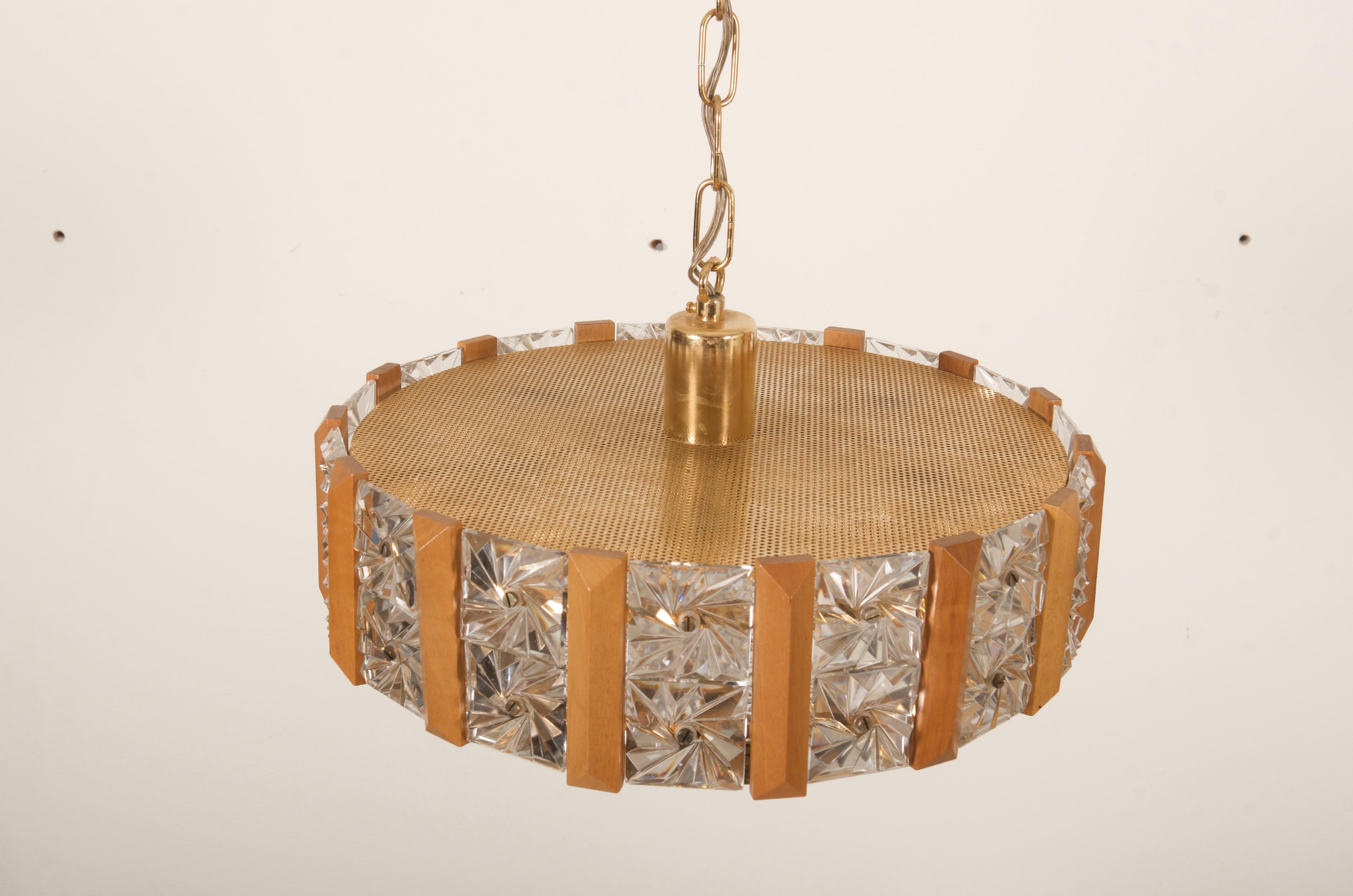 Mid-20th Century Carl Fagerlund for Orrefors Glass, Brass and Teak Chandelier For Sale