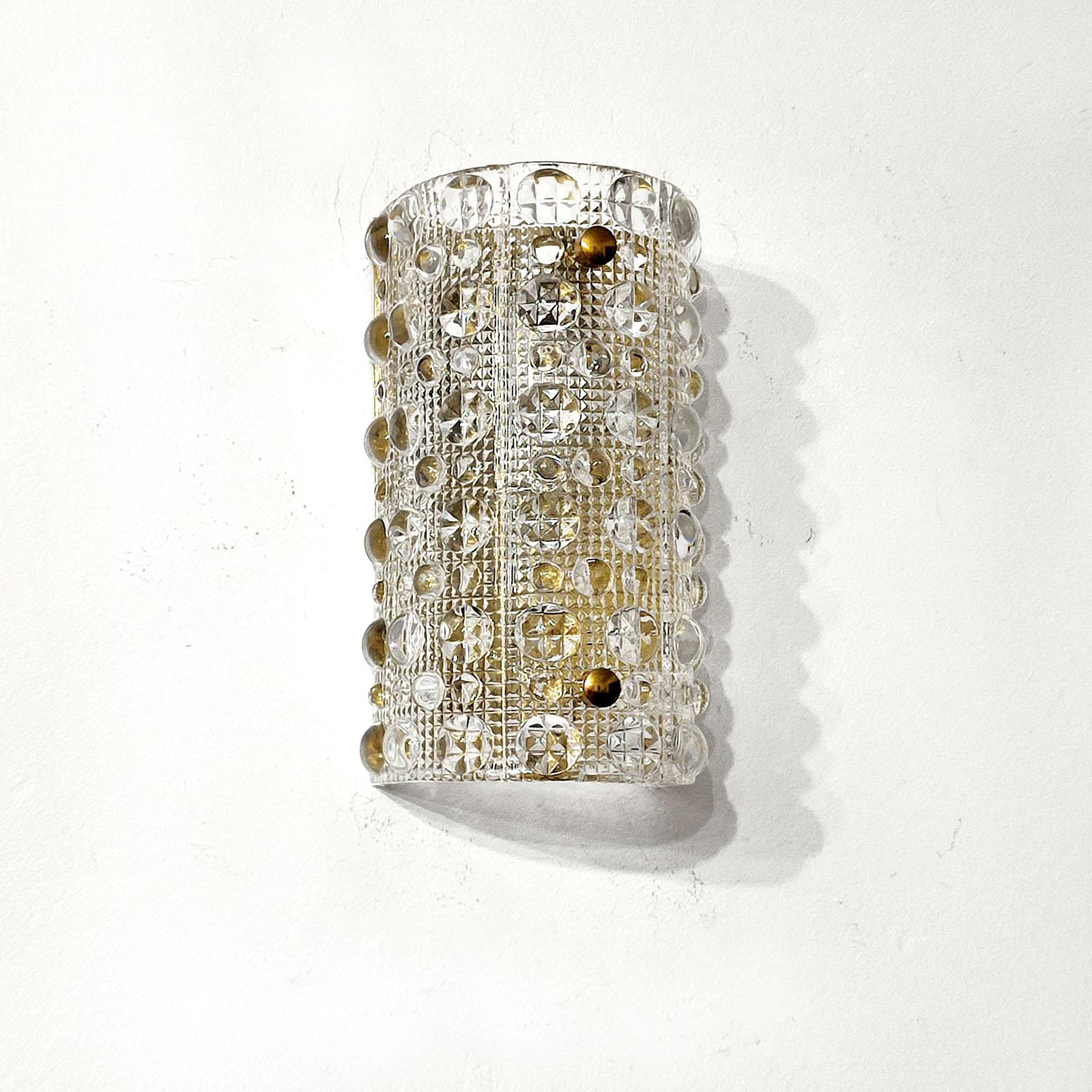 Mid-Century Modern Carl Fagerlund for Orrefors Textured Crystal and Brass Wall Light, Sweden 1950s