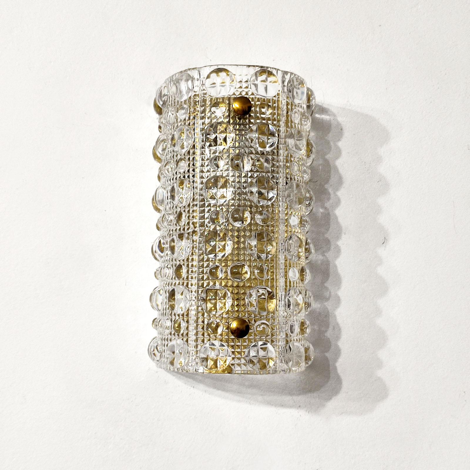 Swedish Carl Fagerlund for Orrefors Textured Crystal and Brass Wall Light, Sweden 1950s