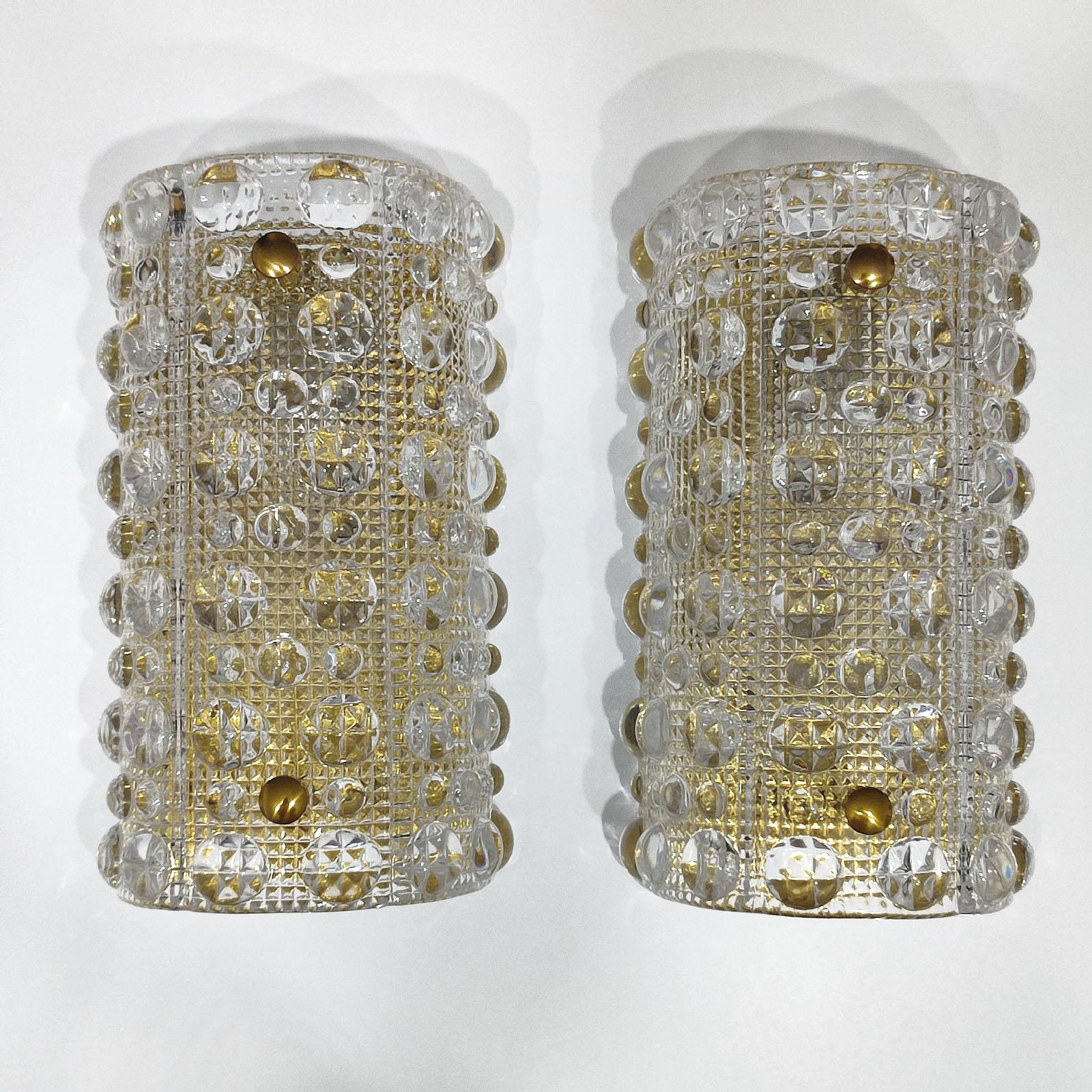 Carl Fagerlund for Orrefors Textured Crystal and Brass Wall Light, Sweden 1950s 1