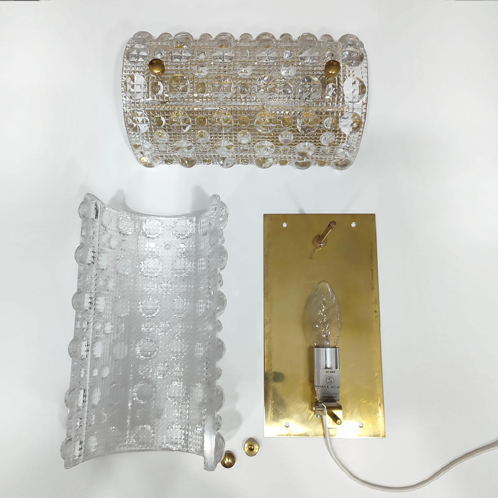 Carl Fagerlund for Orrefors Textured Crystal and Brass Wall Light, Sweden 1950s 2