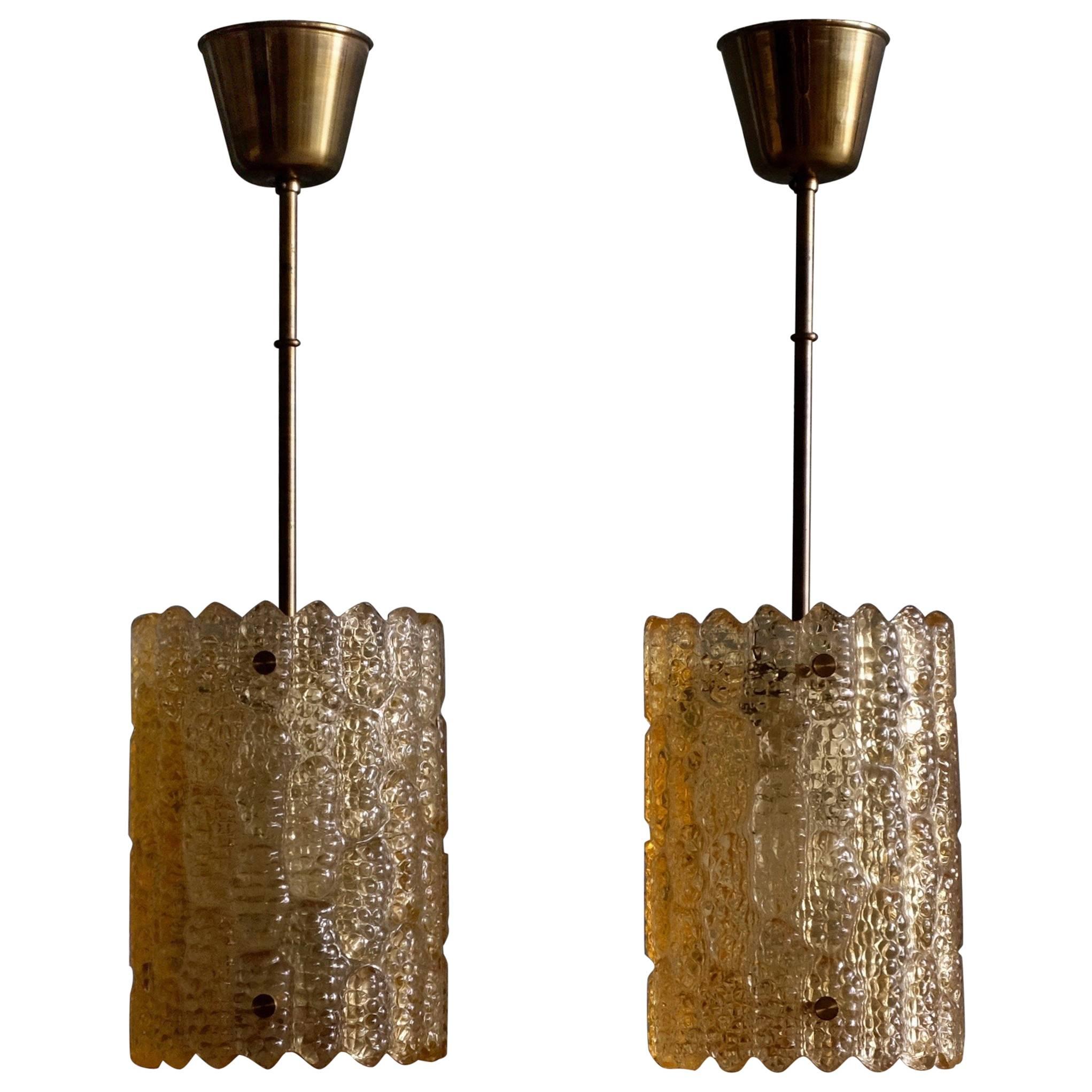 Carl Fagerlund Glass and Brass Pendants by Orrefors, Sweden, 1960s