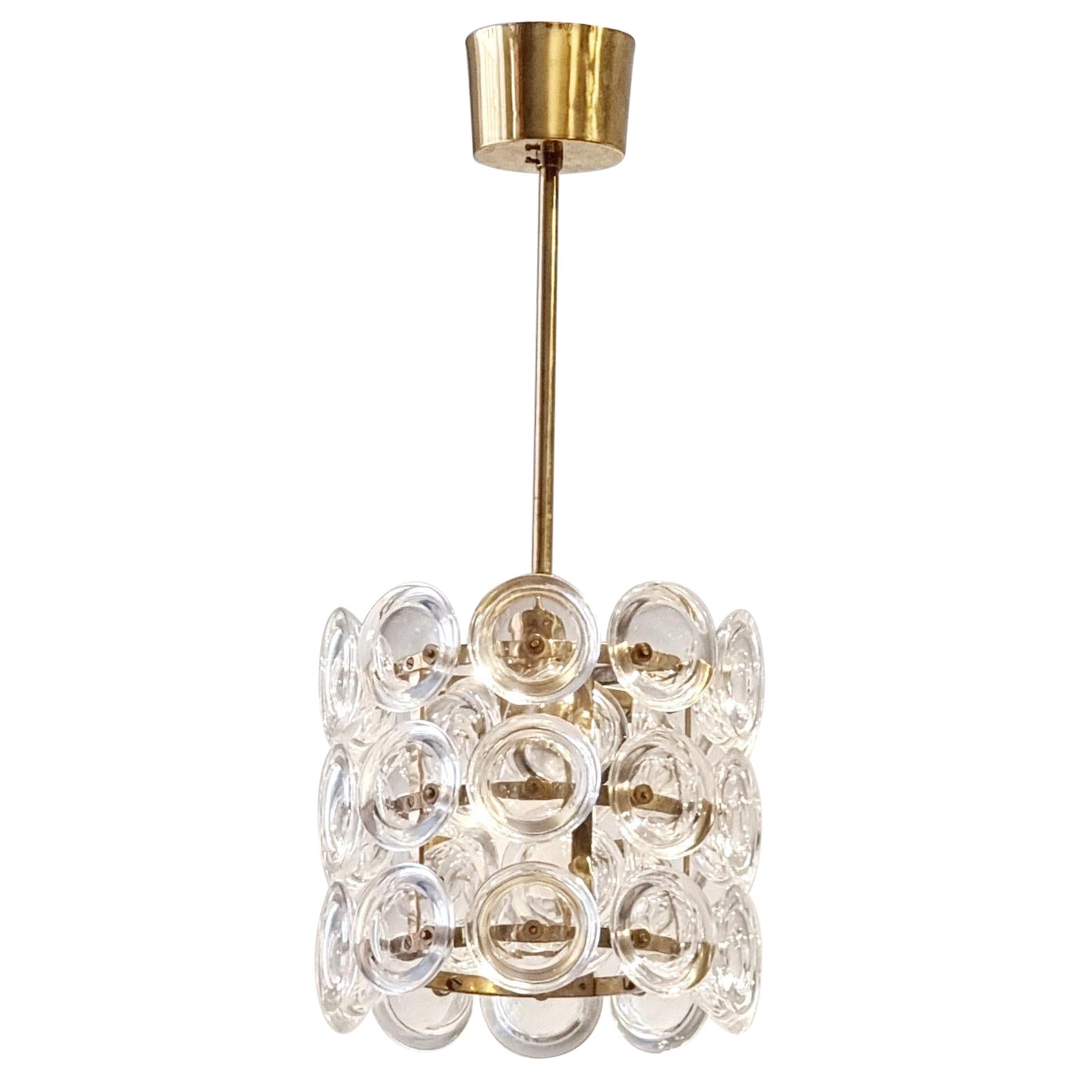 Carl Fagerlund, Pendelleuchte aus Glas und Messing, Fagerhult/Orrefors, Skandinavische Moderne