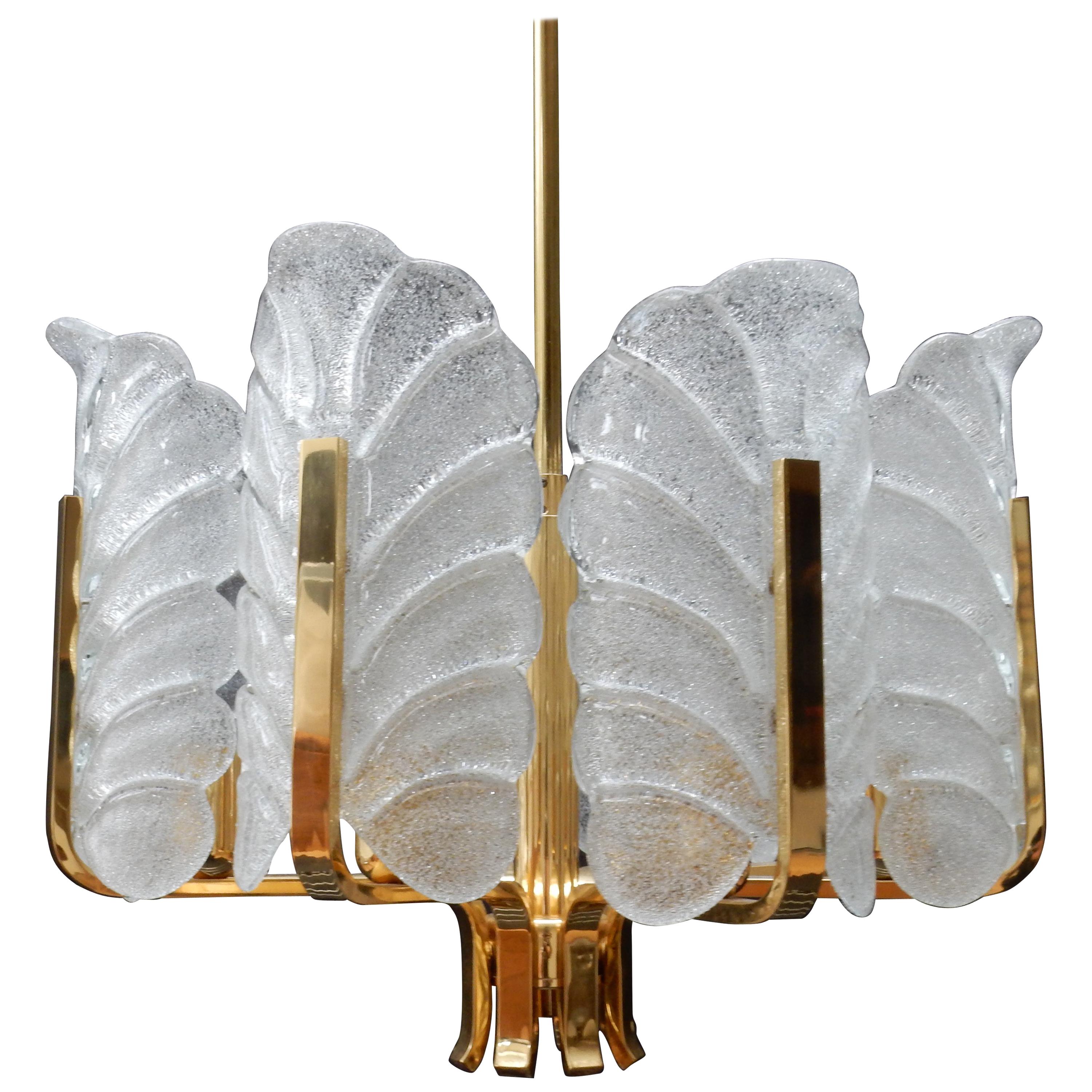 Carl Fagerlund Glass Leave Brass Chandelier by Orrefors