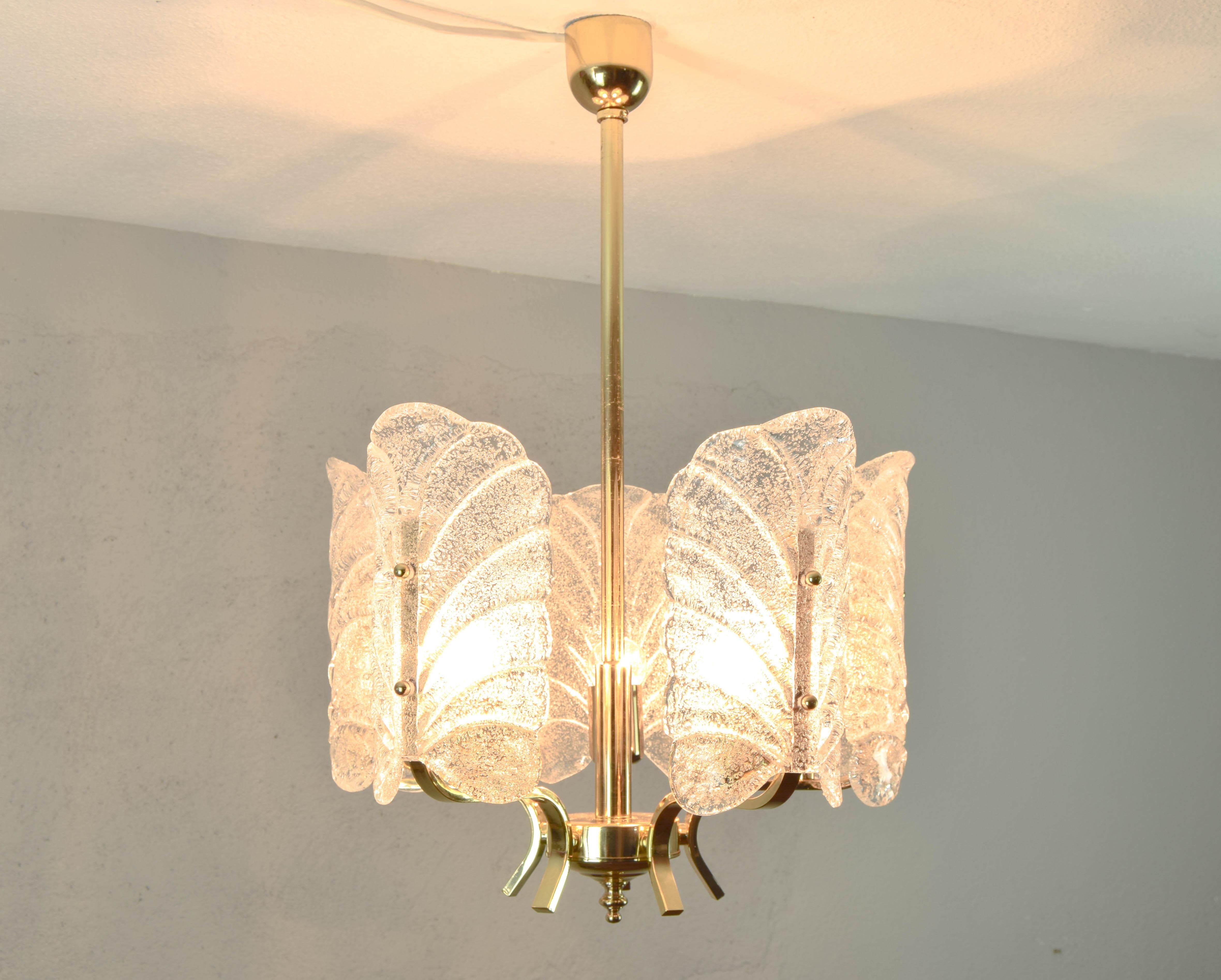 Carl Fagerlund Glass Leaves and Golden Steel Chandelier by Orrefors, Sweden 1960 2