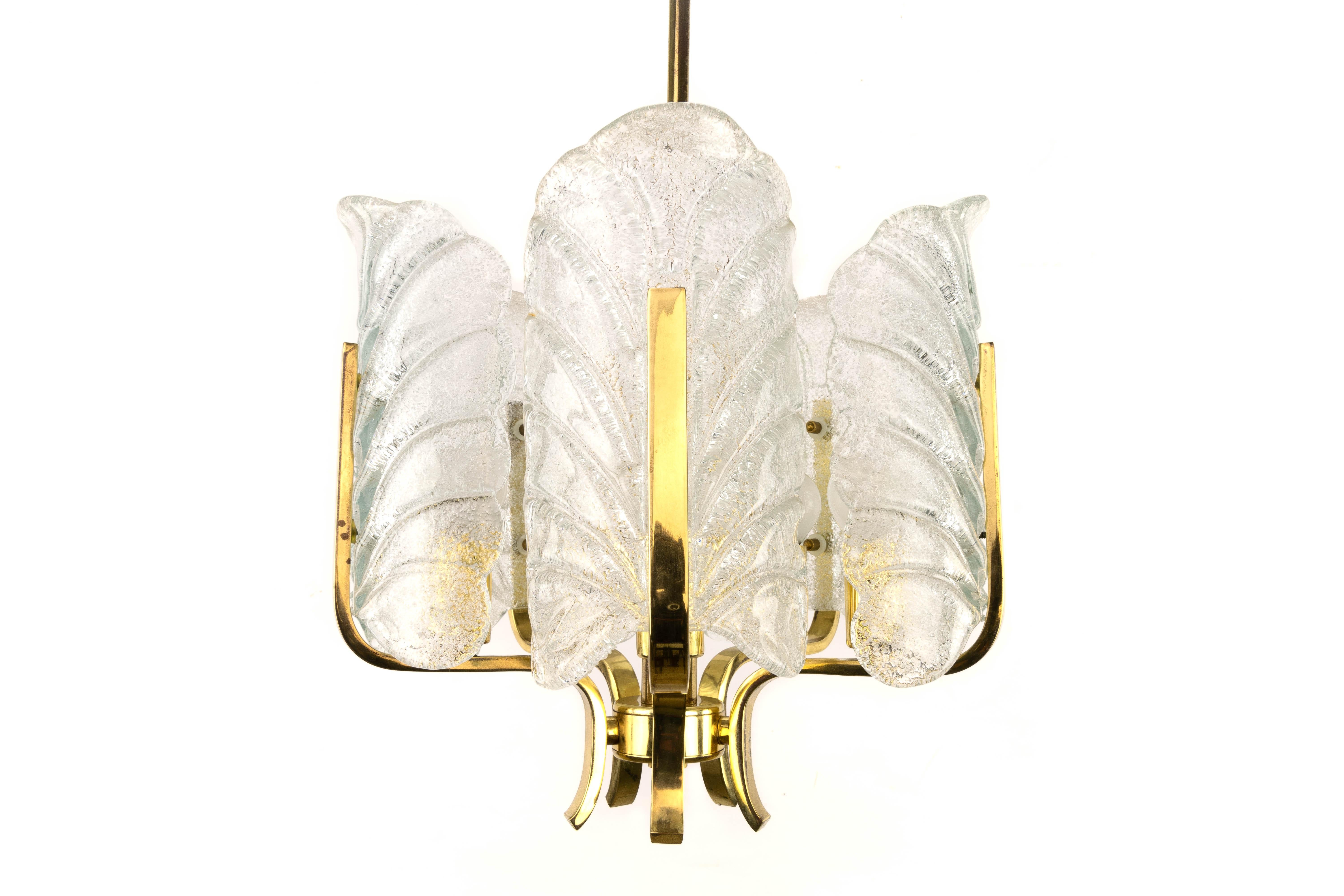 Mid-Century Modern Lustre Carl Fagerlund en feuilles de verre et acier doré:: Orrefors:: Suède 1960