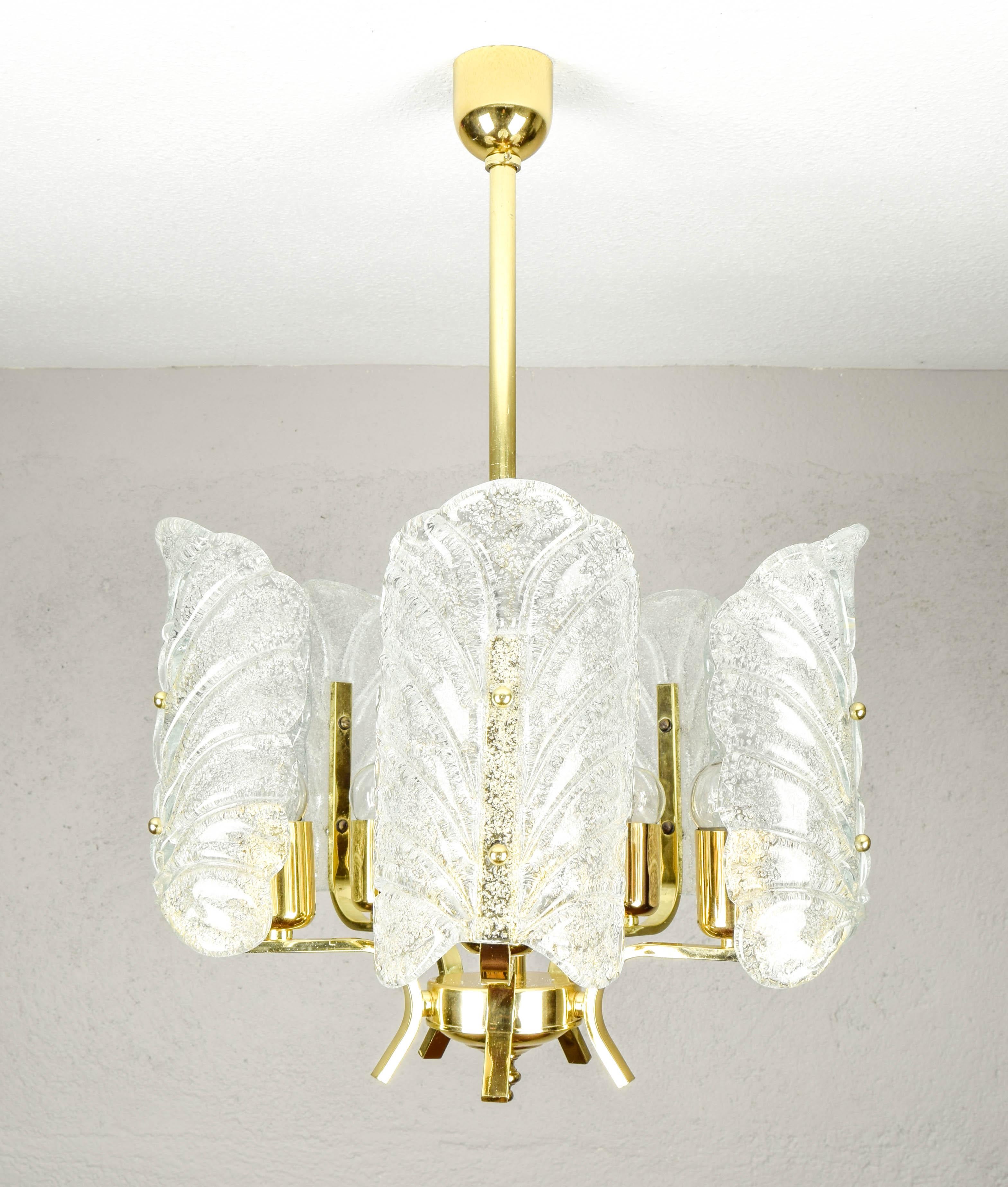 Mid-Century Modern Carl Fagerlund Glass Leaves and Golden Steel Chandelier by Orrefors, Sweden 1960