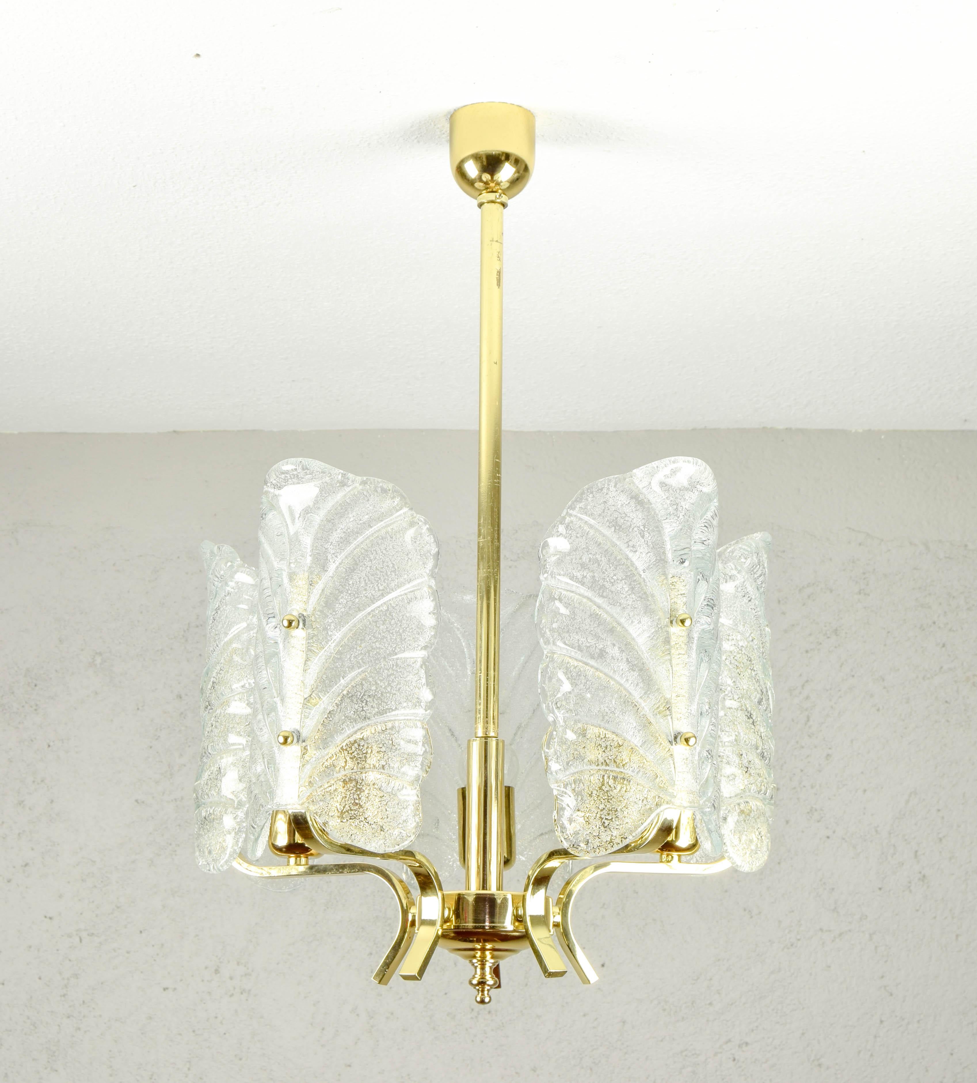 Swedish Carl Fagerlund Glass Leaves and Golden Steel Chandelier by Orrefors, Sweden 1960