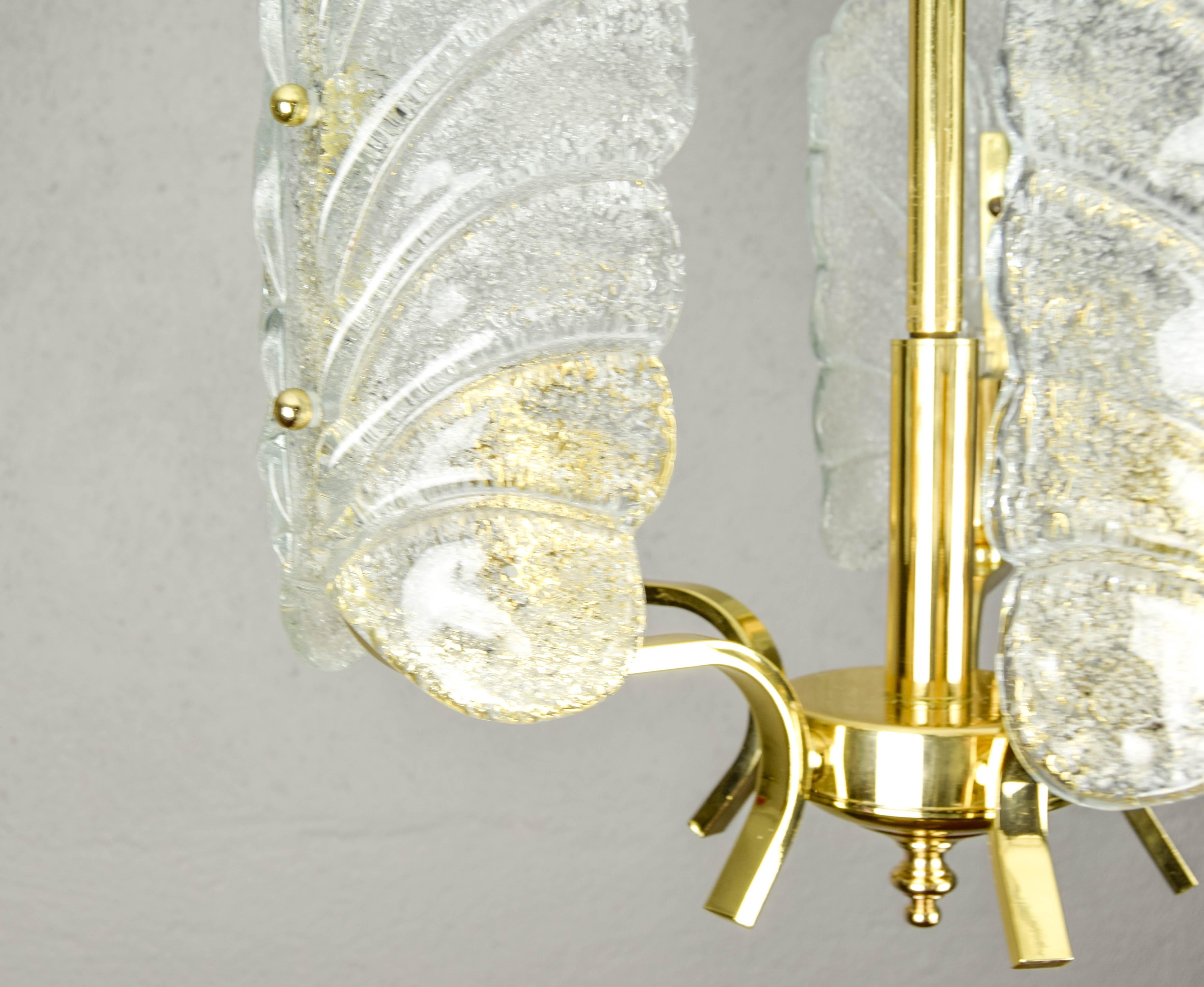 Frosted Carl Fagerlund Glass Leaves and Golden Steel Chandelier by Orrefors, Sweden 1960