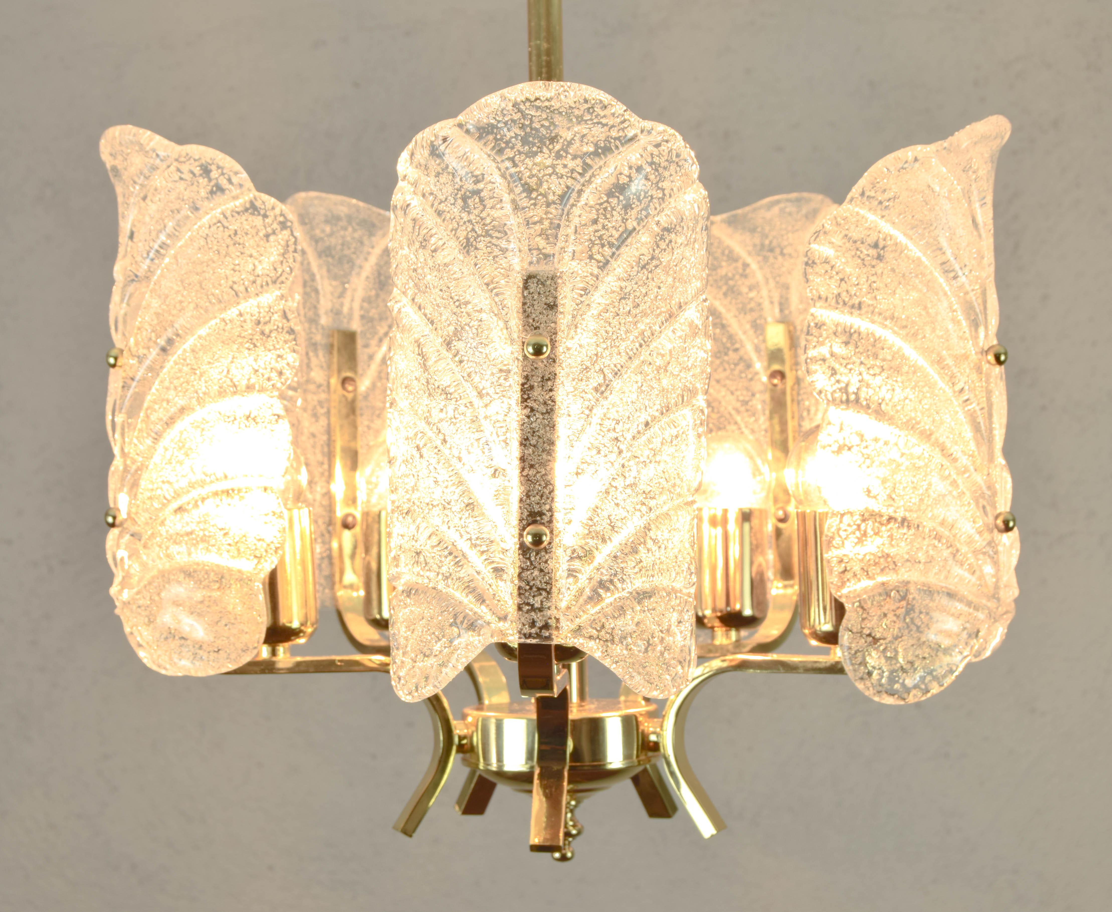 20th Century Carl Fagerlund Glass Leaves and Golden Steel Chandelier by Orrefors, Sweden 1960