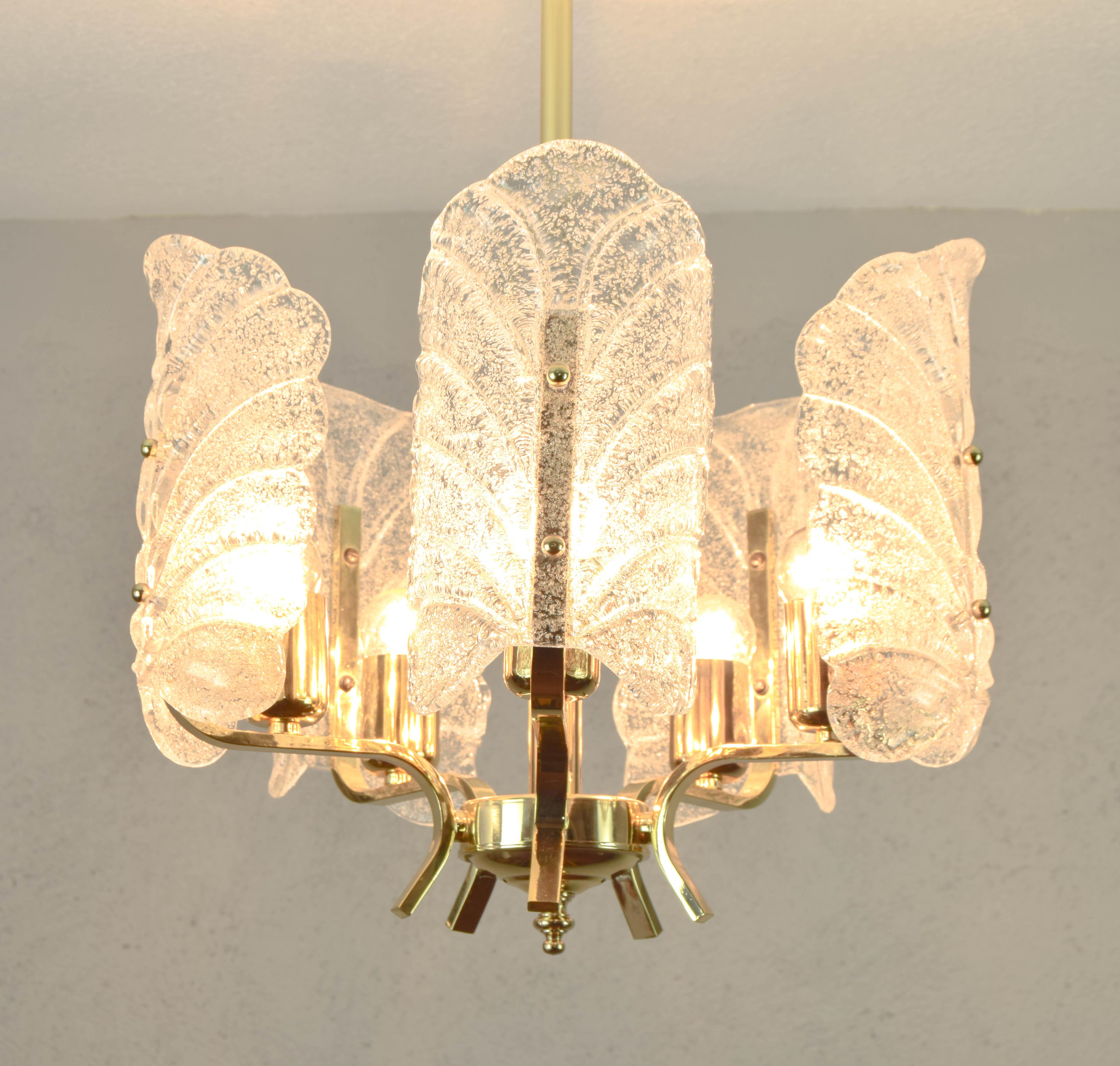 Brass Carl Fagerlund Glass Leaves and Golden Steel Chandelier by Orrefors, Sweden 1960