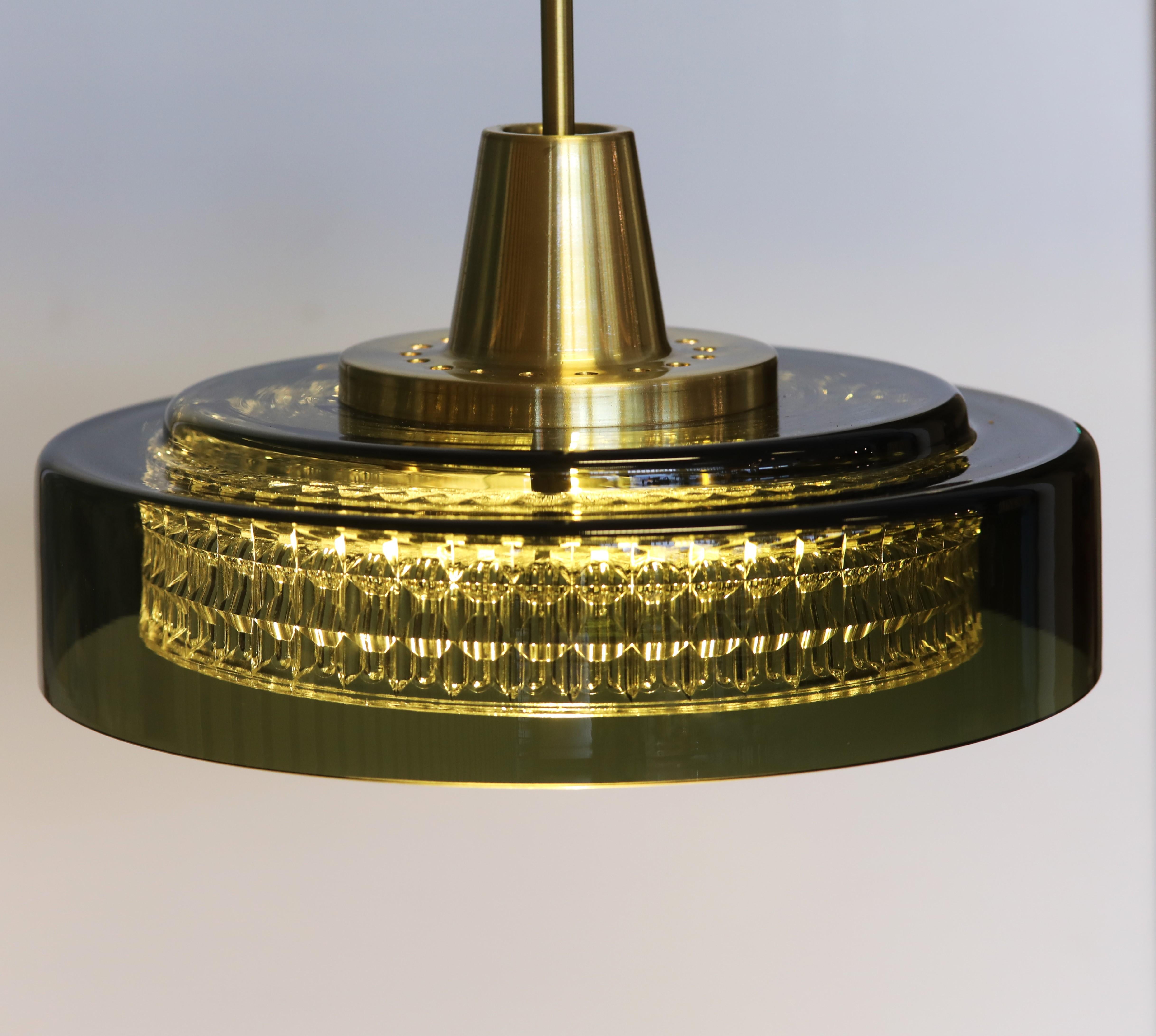 Brass Carl Fagerlund Orrefors ceiling lamp in green glass 60s