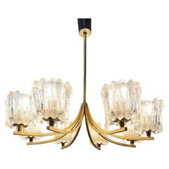 Carl Fagerlund, Orrefors Chandelier from Ice Glass Calyxes & Matte Gold, Sweden