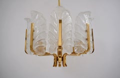 Carl Fagerlund Orrefors Chandelier Glass Leaves and Brass, Eight-Light, Swedish
