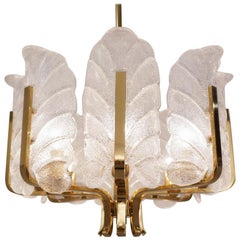 Carl Fagerlund Orrefors Chandelier Glass Leaves and Brass, Eight-Light, Swedish