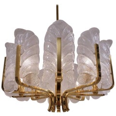 Carl Fagerlund Orrefors Chandelier Glass Leaves and Brass, Ten-Light