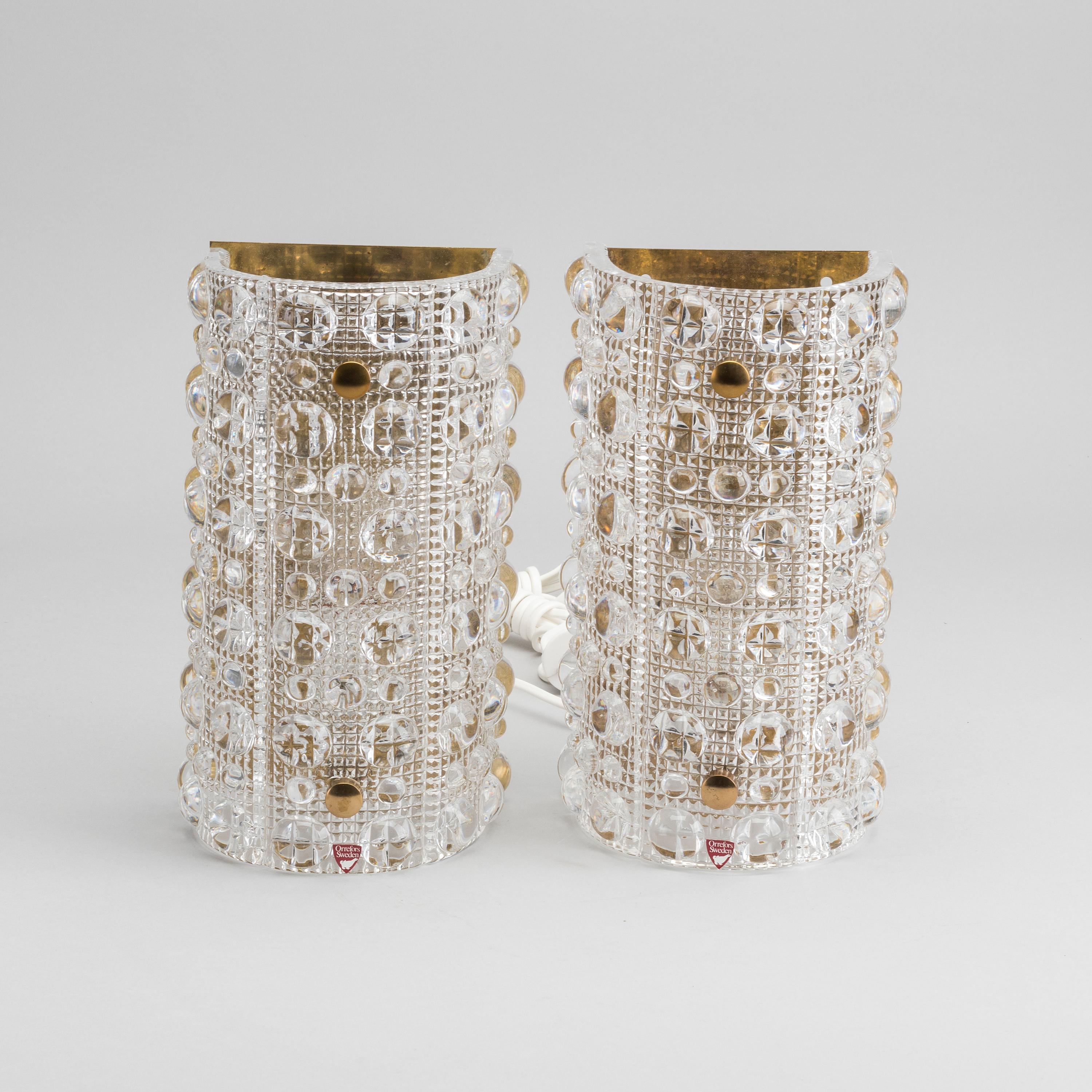 Carl Fagerlund Pair of Large Brass and Glass Wall Sconces for Swedish Orrefors (Schwedisch)
