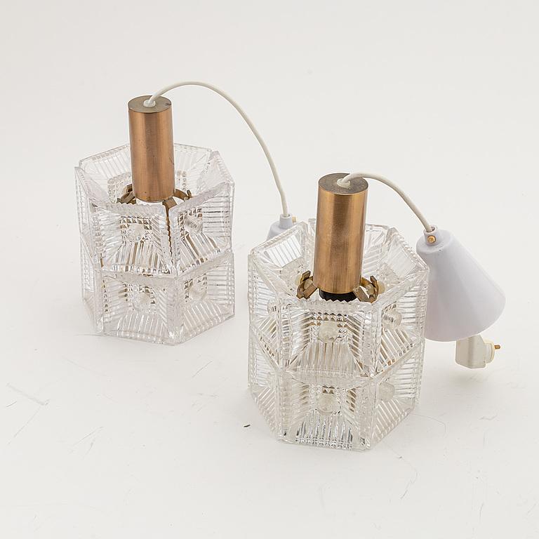 Mid-Century Modern Carl Fagerlund Pair of Pendants for Orrefors 1960 Sweden Glass and Brass