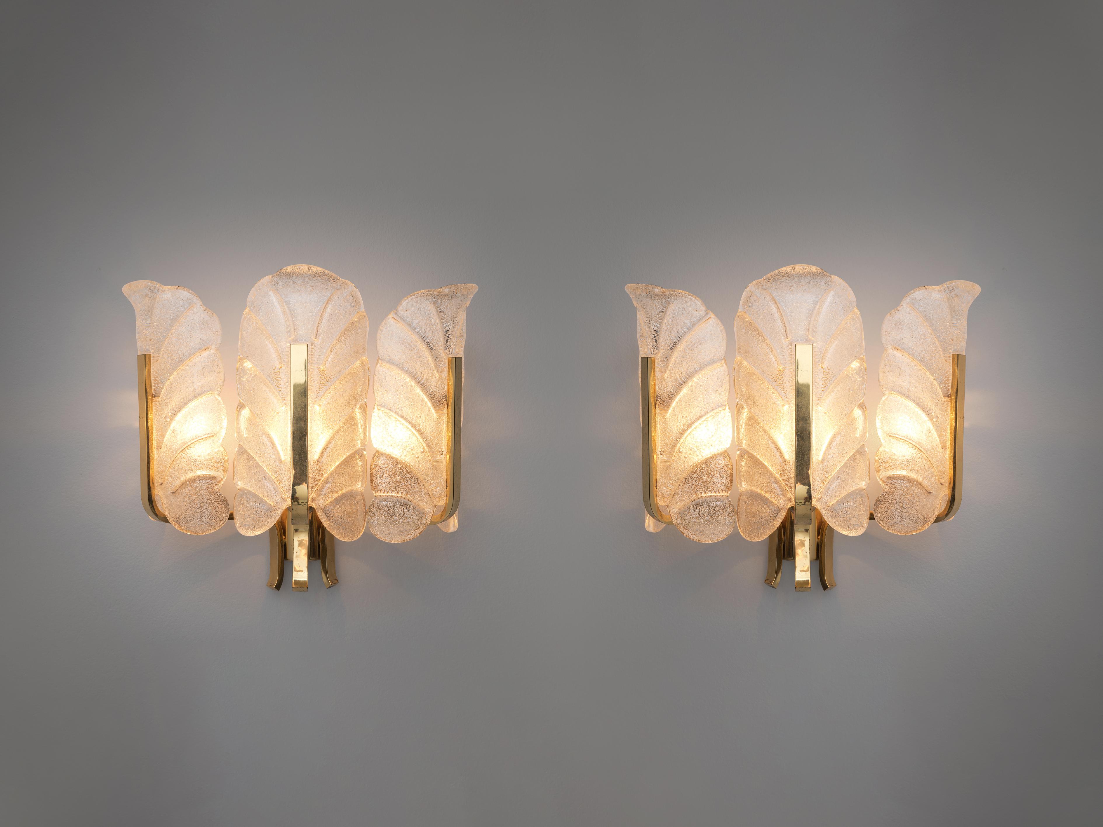 European Carl Fagerlund Pair of Wall Lights in Brass and Structured Glass