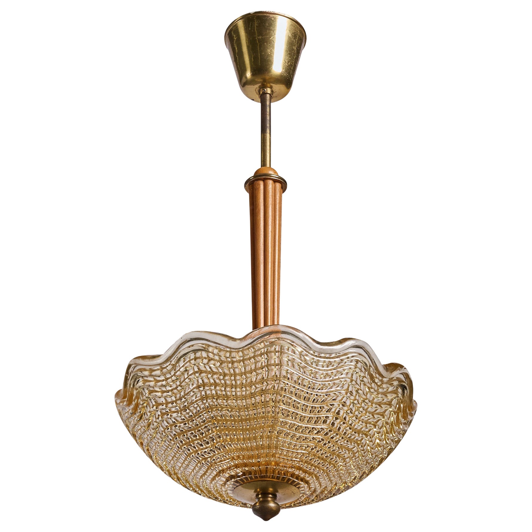Pre-owned Orrefors Carl Fagerlund, Pendant Light, Brass, Glass, Wood, Sweden, 1950s In Brown