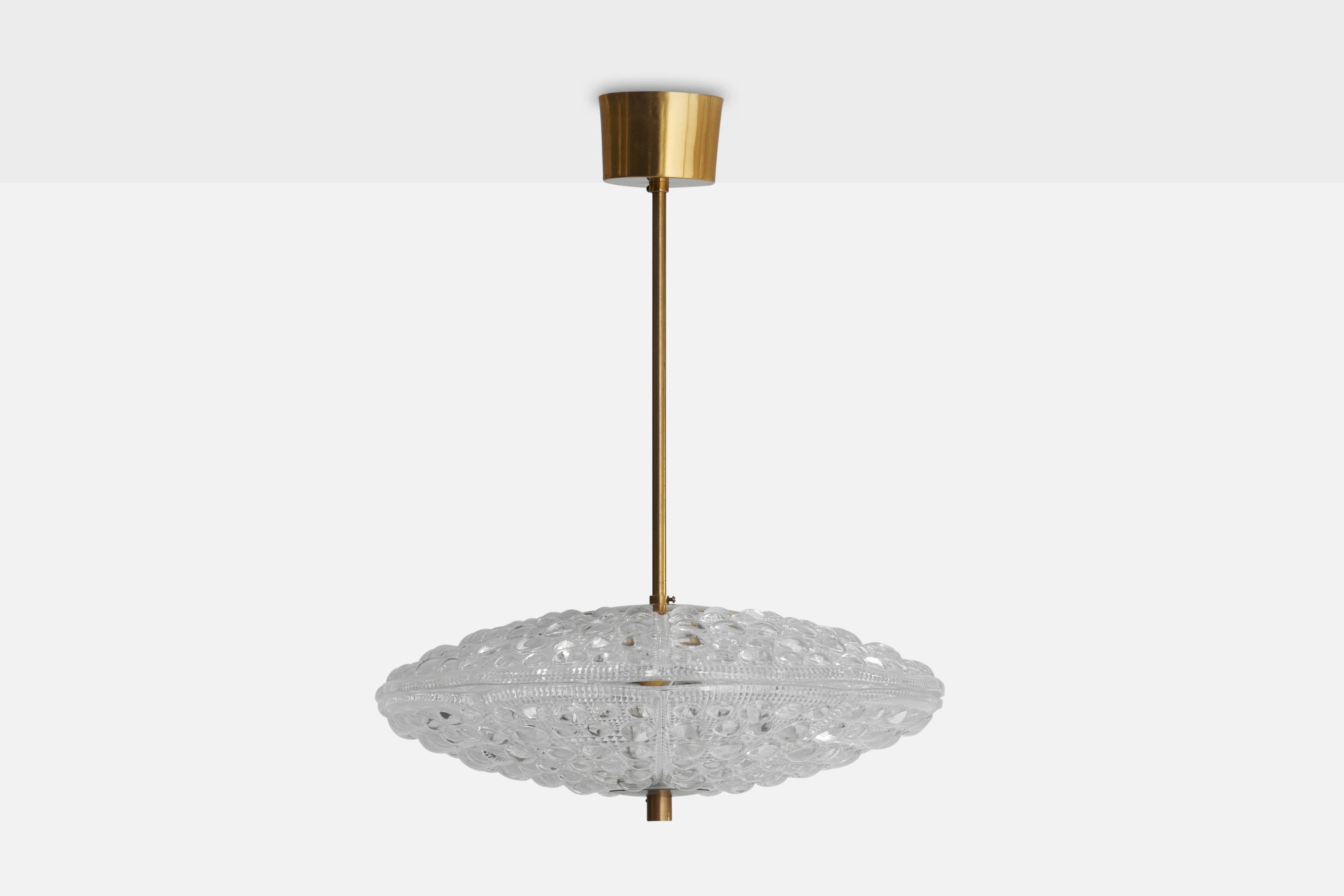 A brass and glass pendant light designed by Carl Fagerlund and produced by Orrefors, Sweden, 1950s.

Socket takes standard E-26 bulbs. 6 sockets.
There is no maximum wattage stated on the fixture. All lighting will be converted for US usage. We are