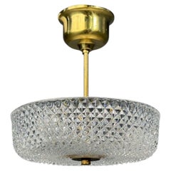 Carl Fagerlund Style, Pendant Light, Brass, Textured Glass, Sweden, 1960s