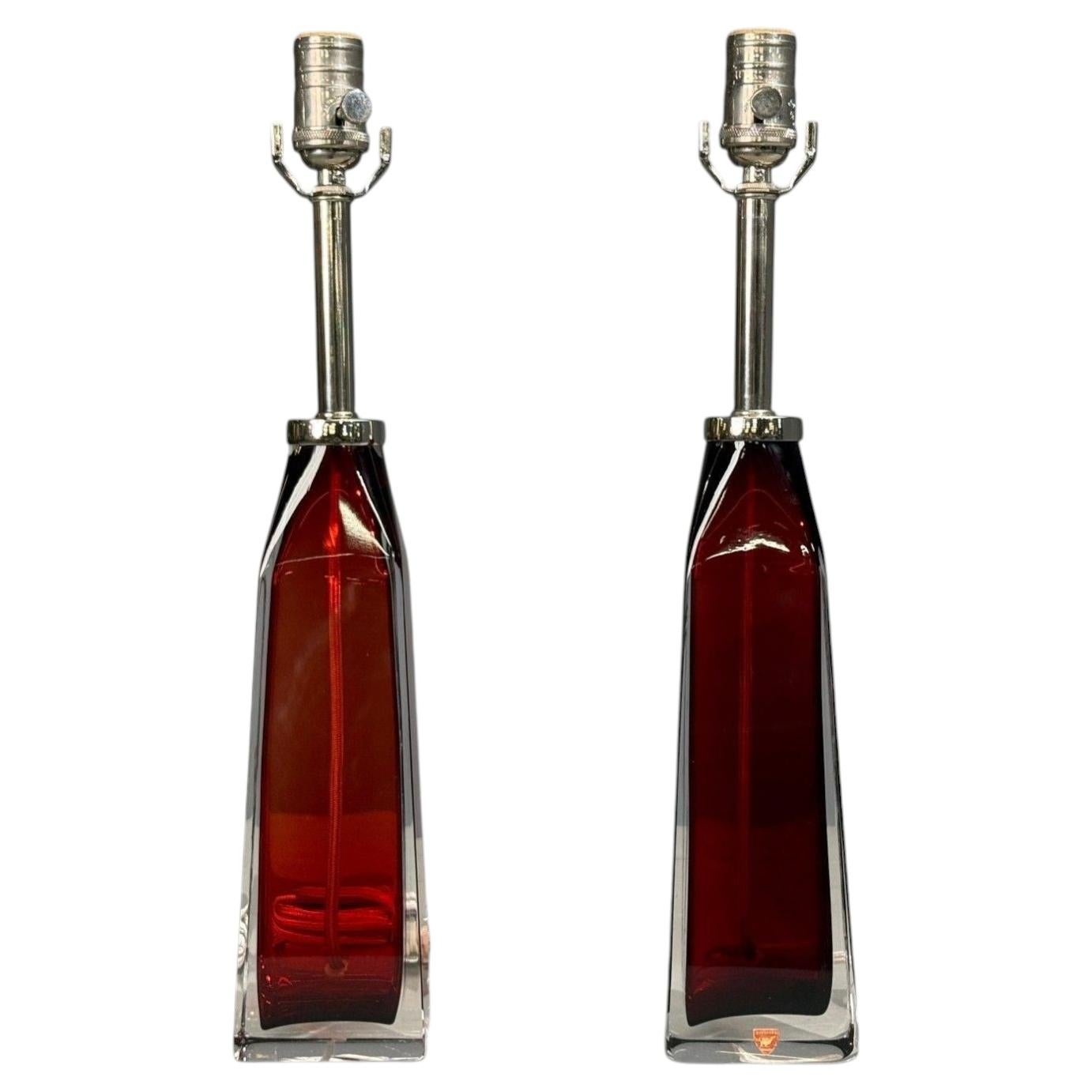 Carl Fagerlund, Table Lamps, Red Glass, Sweden, 1950s