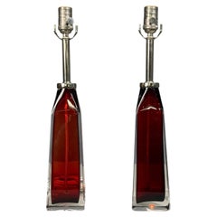 Carl Fagerlund, Table Lamps, Red Glass, Sweden, 1950s
