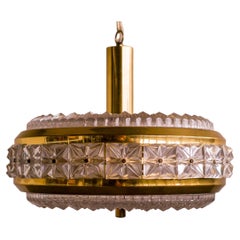 Carl Fagerlund Textured Crystal and Brass Pendant by Orrefors 
