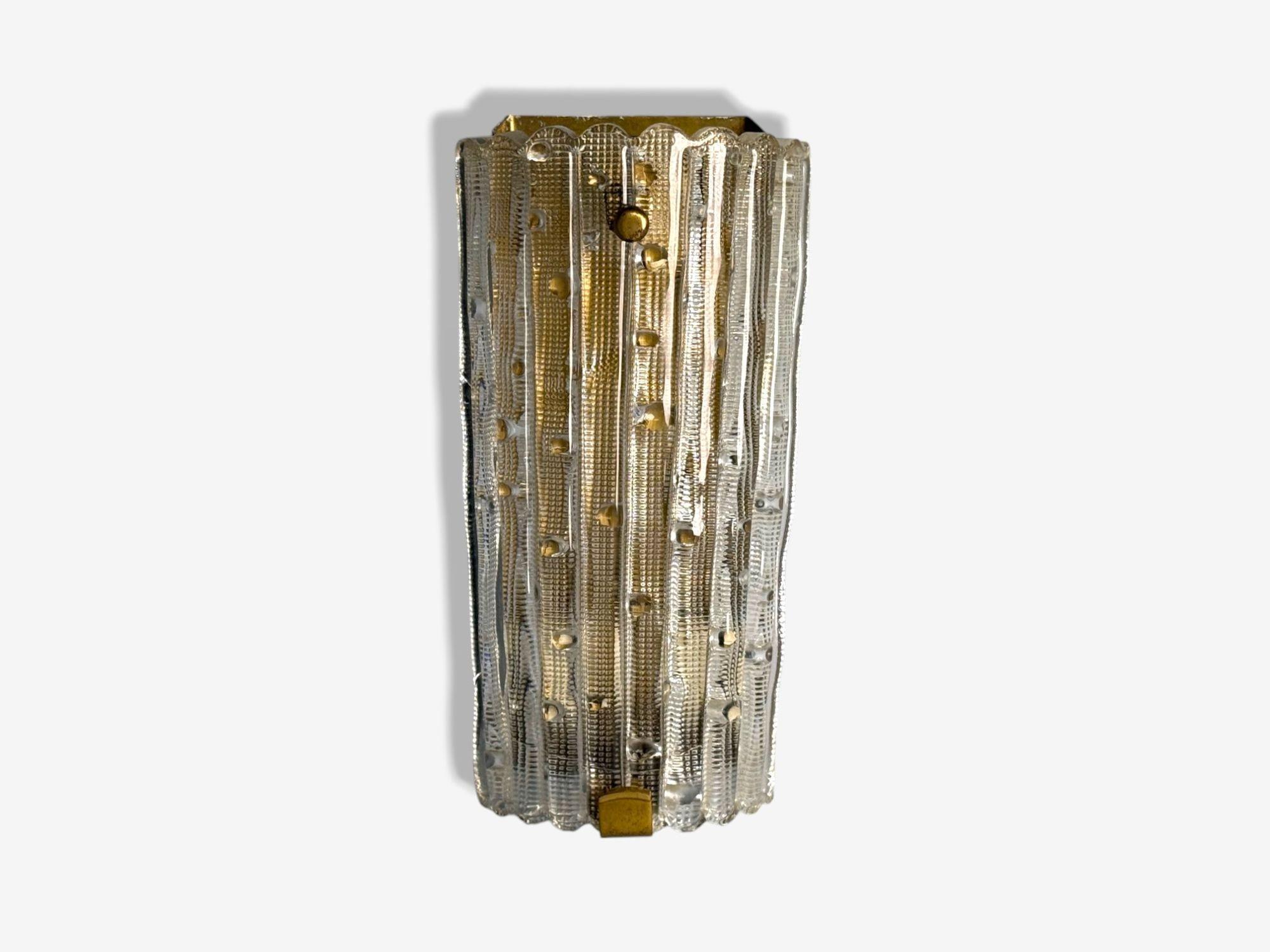 Mid-Century Modern Carl Fagerlund, Textured Glass, Brass, Large Wall Sconce, Sweden, 1940s For Sale