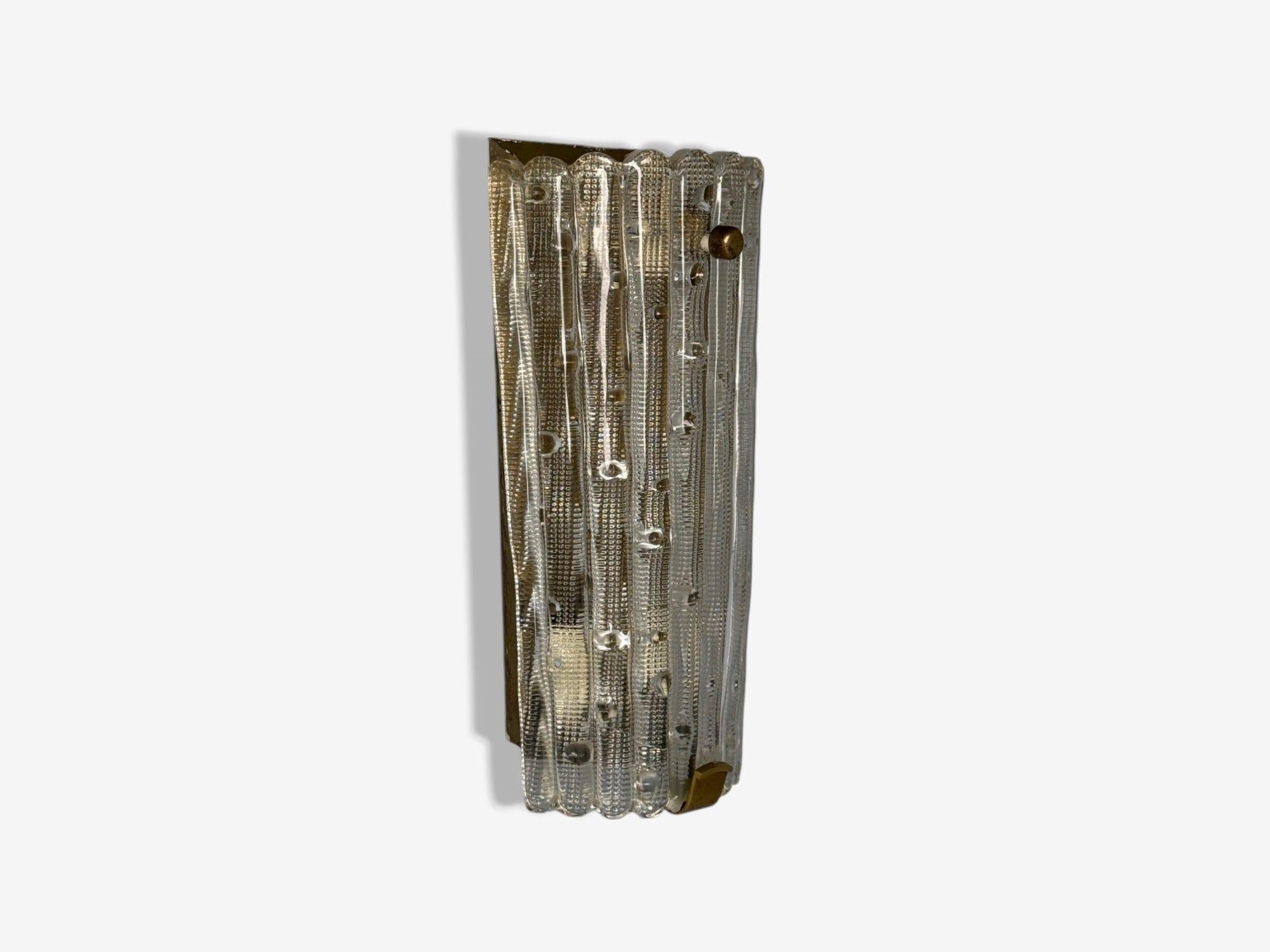 Swedish Carl Fagerlund, Textured Glass, Brass, Large Wall Sconce, Sweden, 1940s For Sale