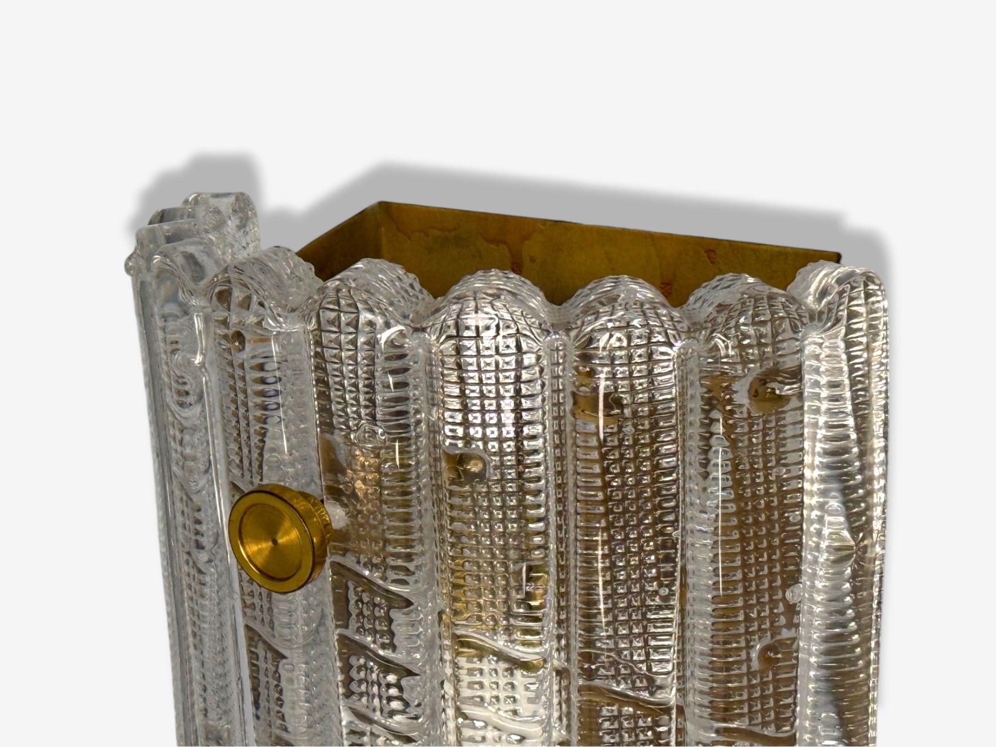 Mid-20th Century Carl Fagerlund, Textured Glass, Brass, Large Wall Sconce, Sweden, 1940s For Sale
