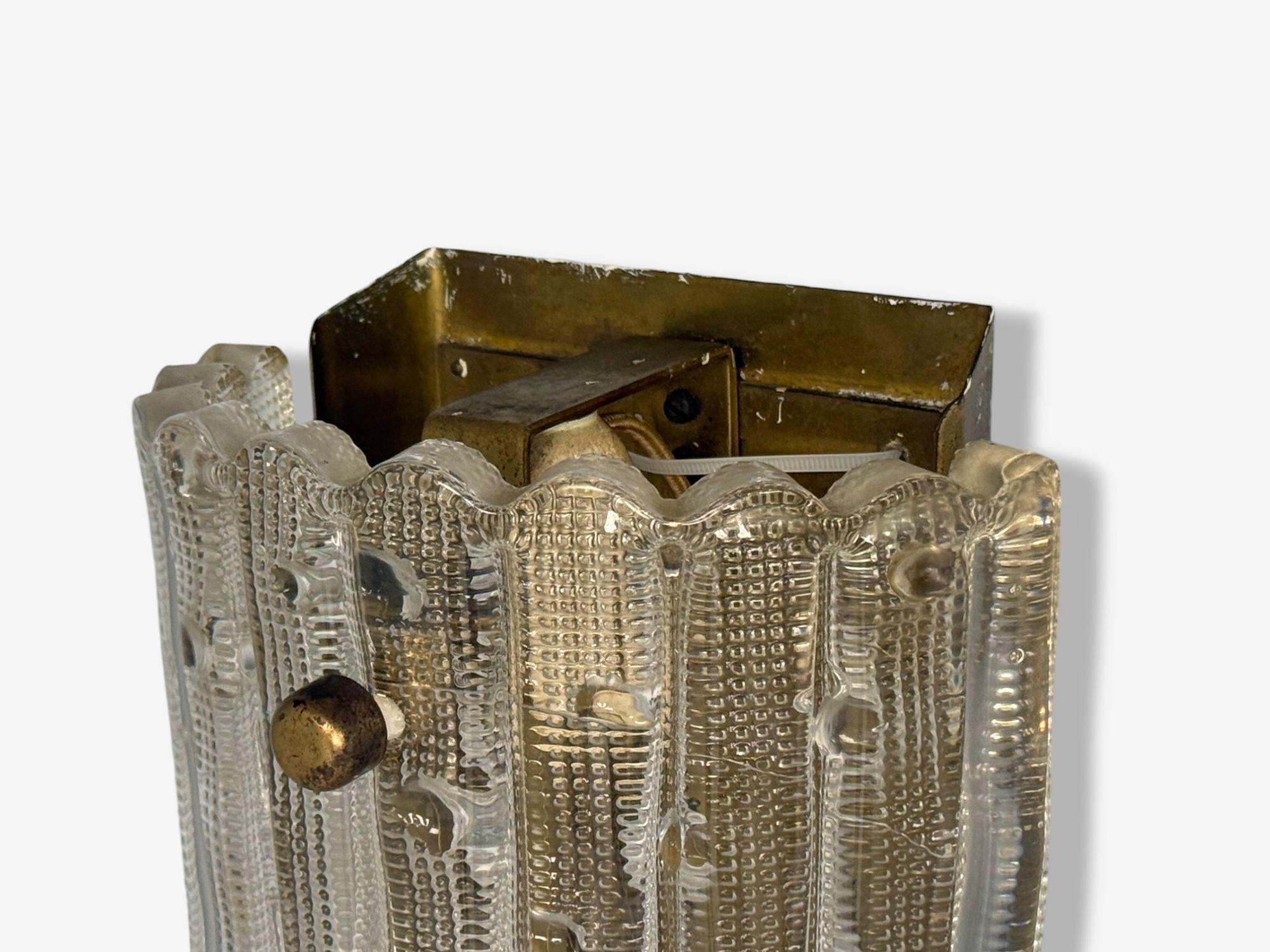 Mid-20th Century Carl Fagerlund, Textured Glass, Brass, Large Wall Sconce, Sweden, 1940s For Sale