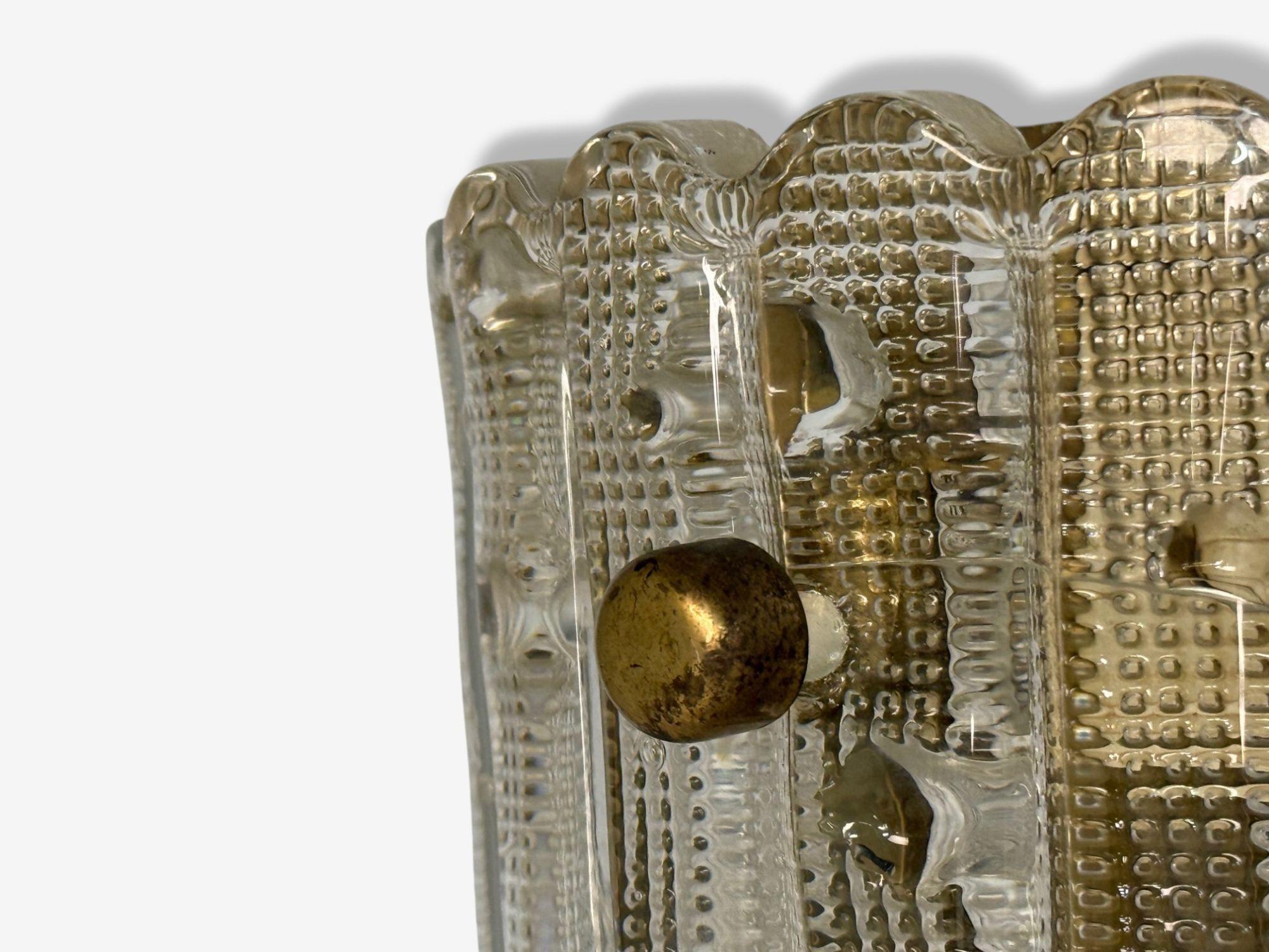 Carl Fagerlund, Textured Glass, Brass, Large Wall Sconce, Sweden, 1940s For Sale 1