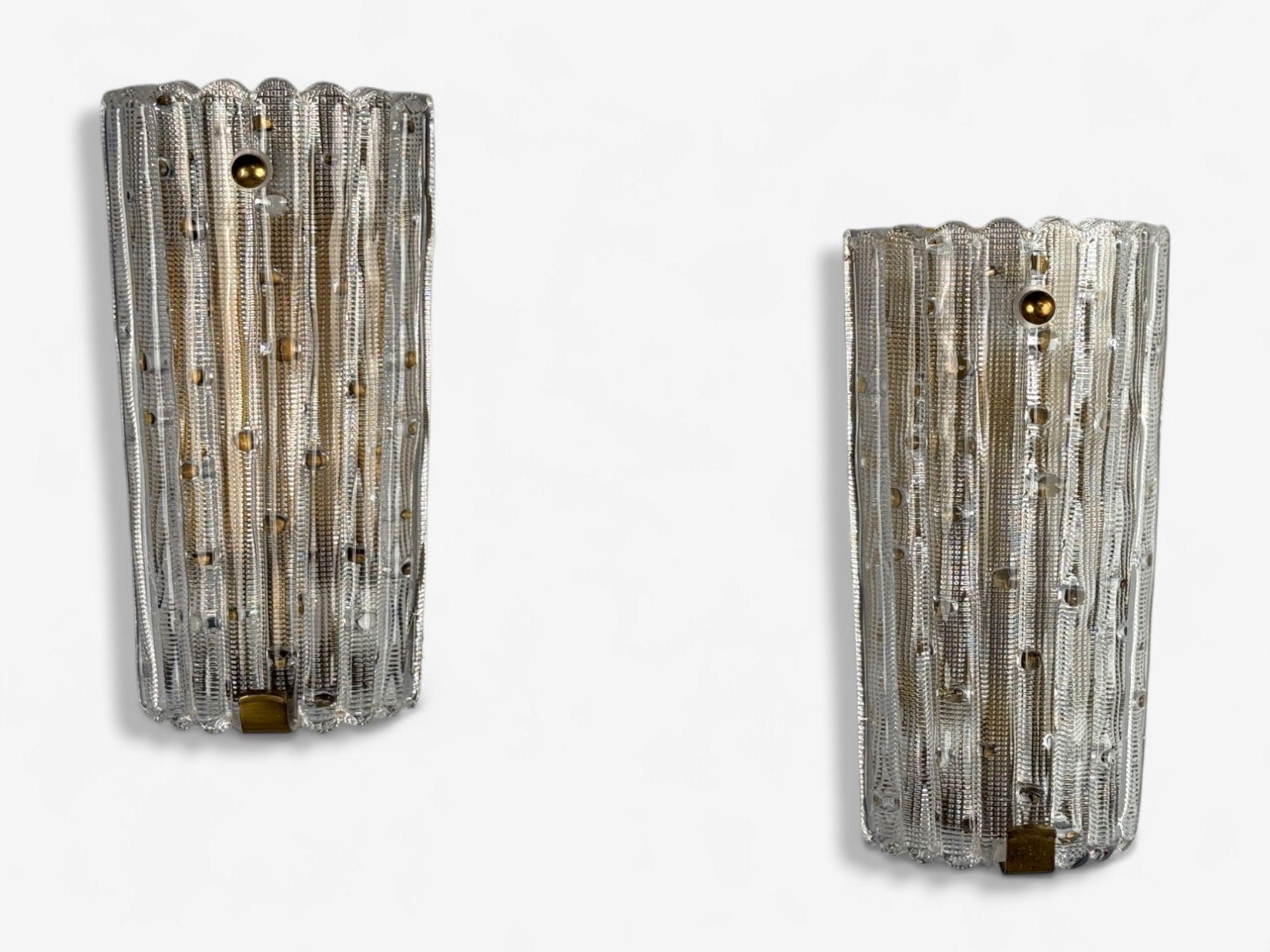 Mid-Century Modern Carl Fagerlund, Textured Glass, Brass, Large Wall Sconces, Sweden, 1940s For Sale