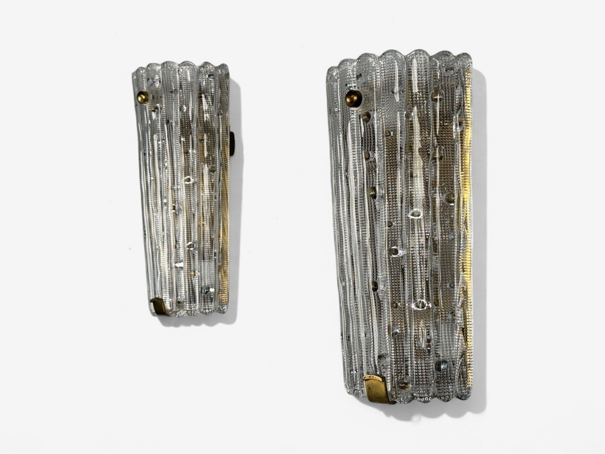 Swedish Carl Fagerlund, Textured Glass, Brass, Large Wall Sconces, Sweden, 1940s For Sale