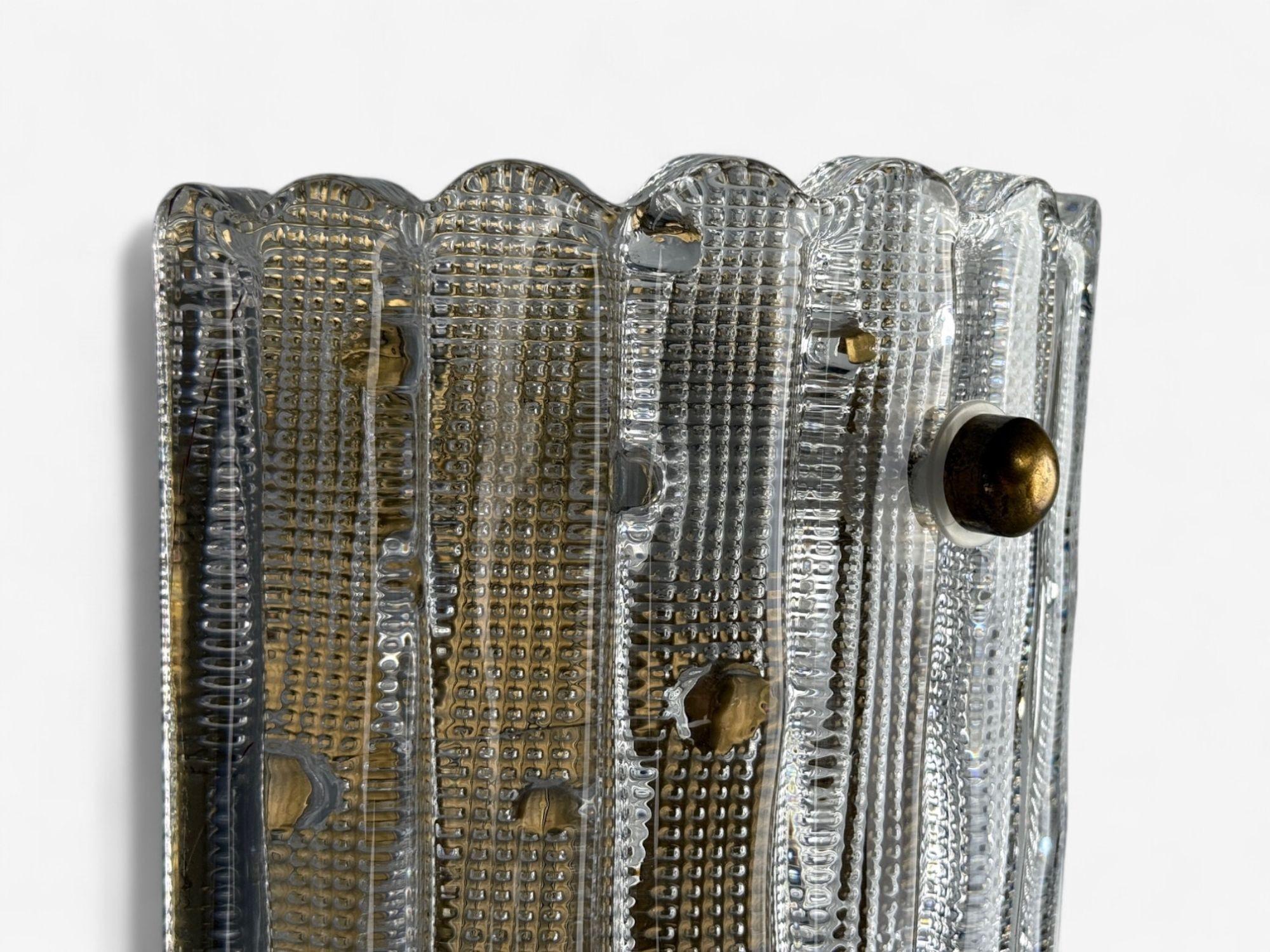 Carl Fagerlund, Textured Glass, Brass, Large Wall Sconces, Sweden, 1940s For Sale 1
