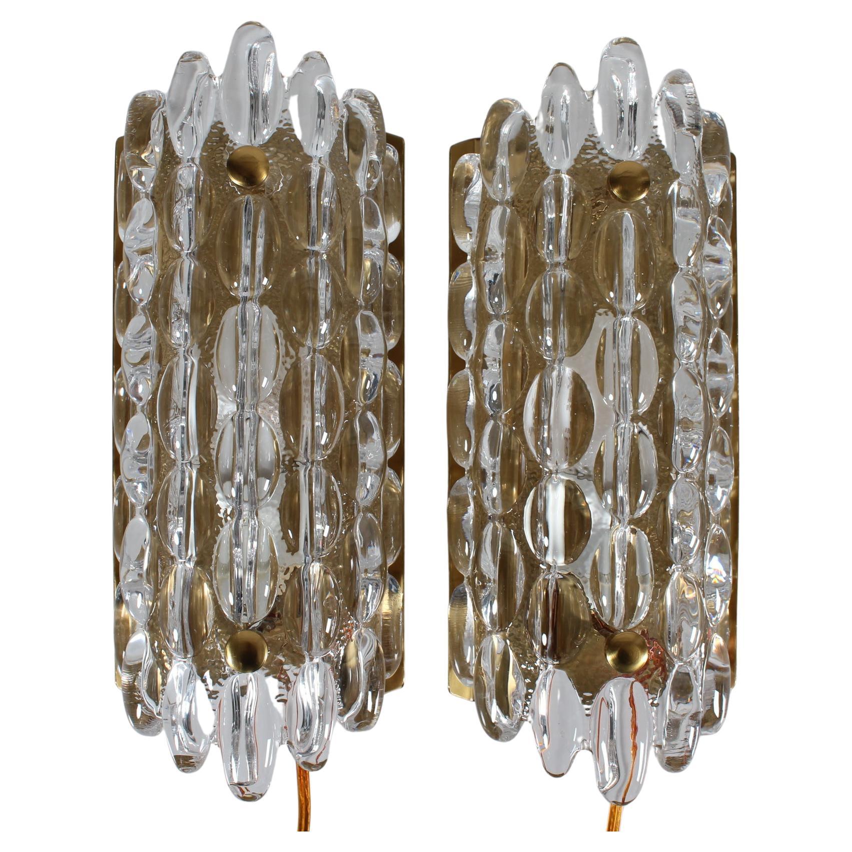 Carl Fagerlund Vintage Pair of Glass Wall Sconces by Orrefors in Sweden, 1960