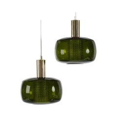 Carl Fagerlund Vintage Pair of Green Glass Pendant Lamps by Orrefors Sweden 1960