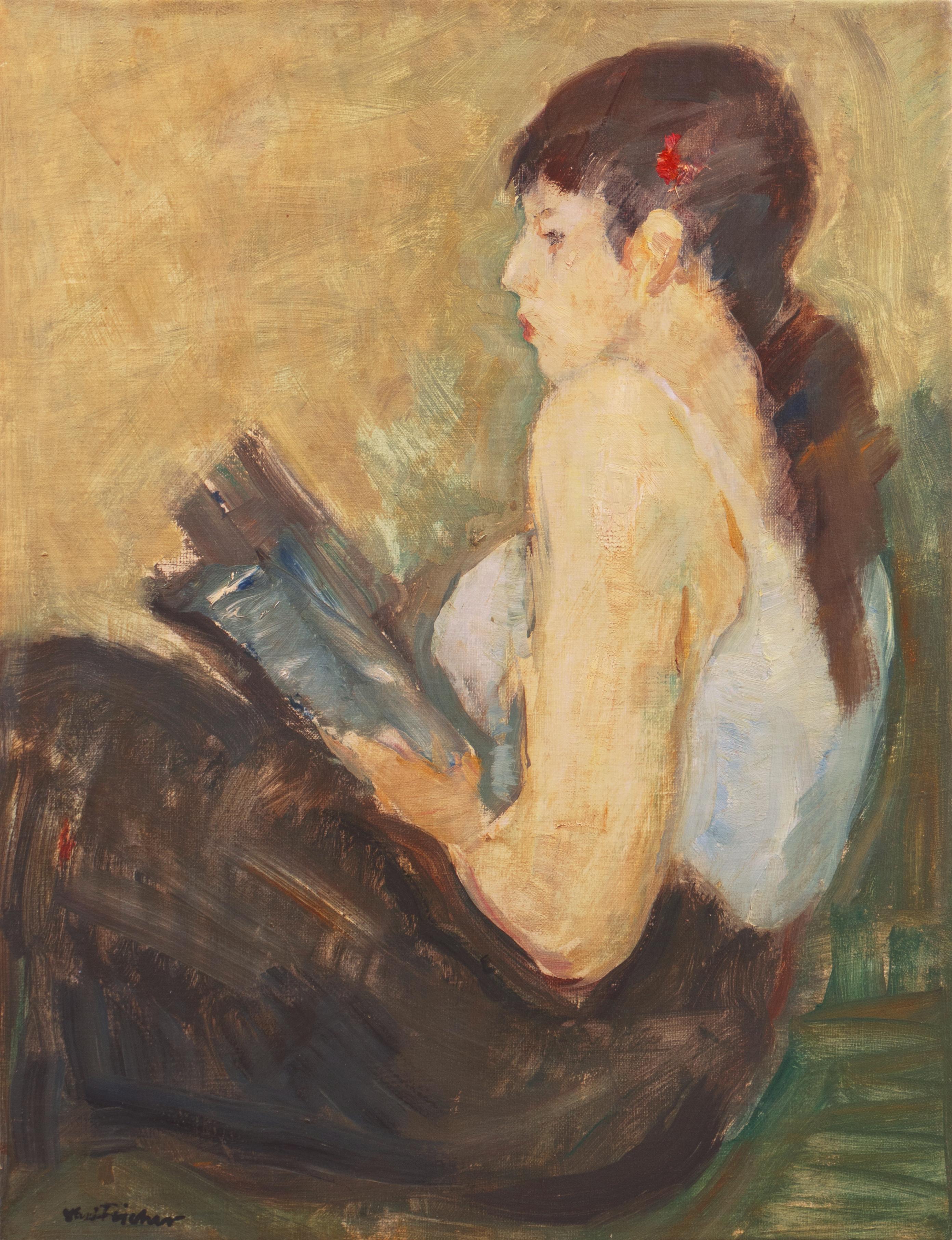 Figurative Painting di Carl Fischer - Jeune Femme Liseuse", Parigi, Charlottenborg, Post Impressionista danese, Benezit