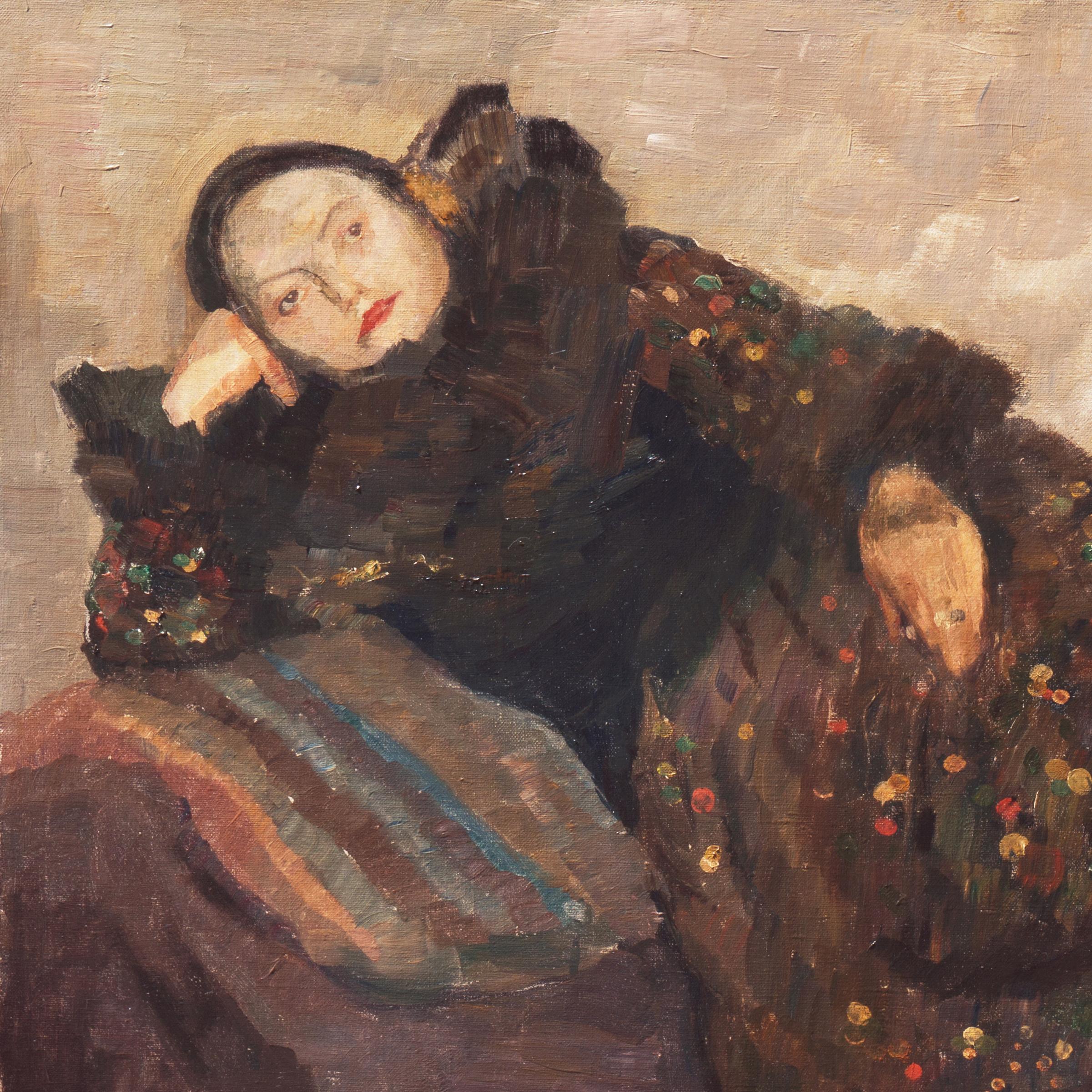 'The Artist's Wife Reclining', Benezit and Thieme-Becker - Black Portrait Painting by Carl Fischer