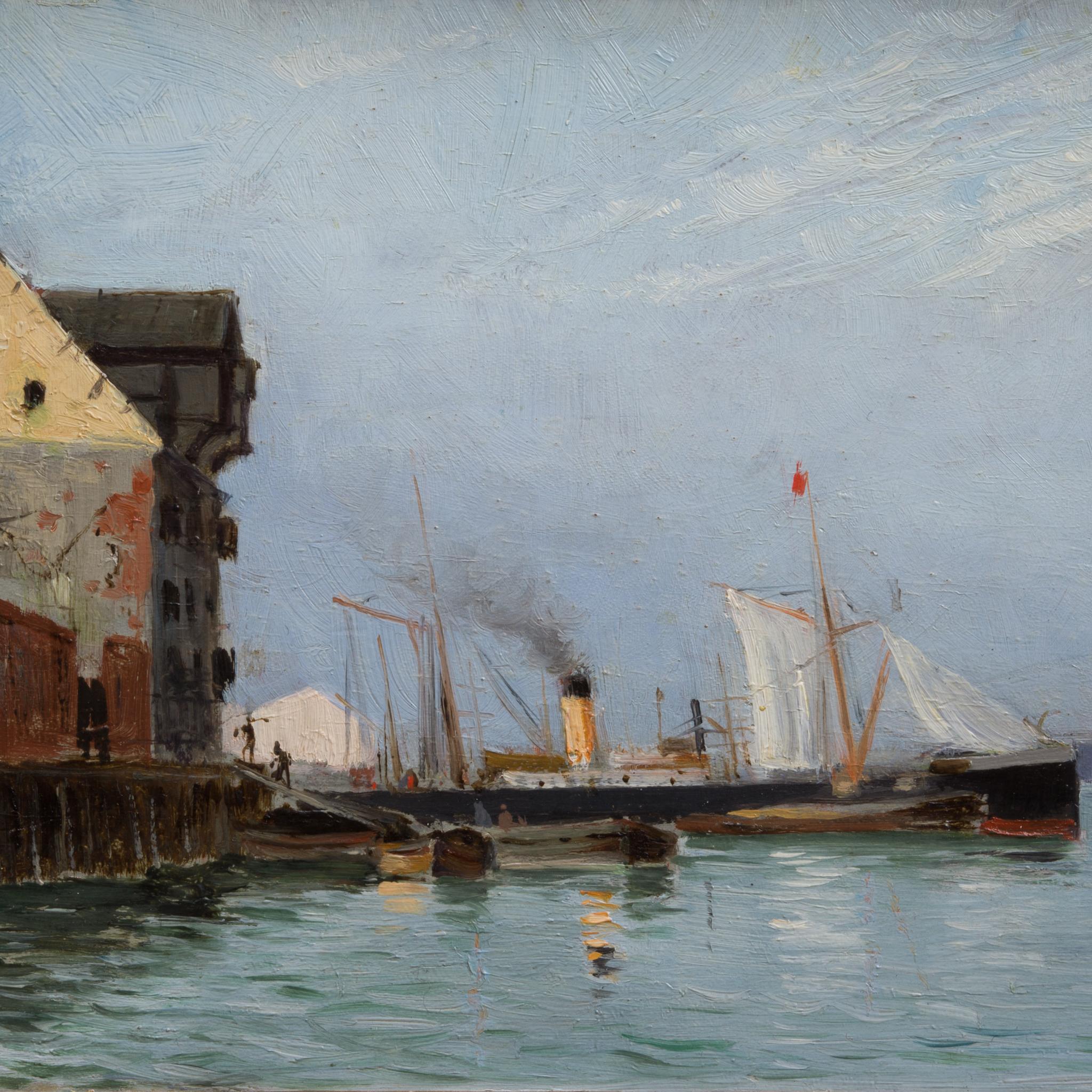Una escena portuaria de 1884 - Painting Romántico de Carl Flodman