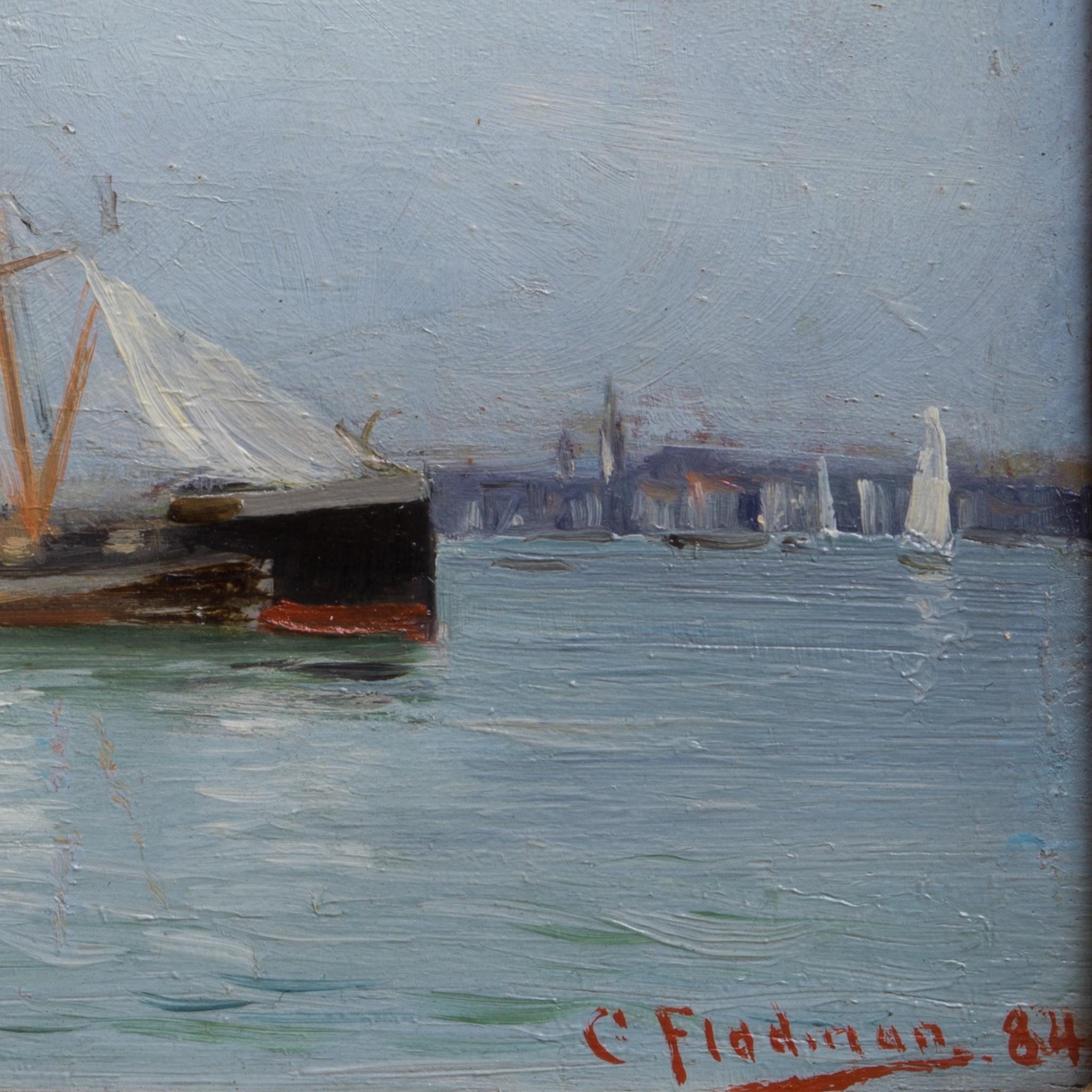 Una escena portuaria de 1884 - Landscape Painting Negro de Carl Flodman