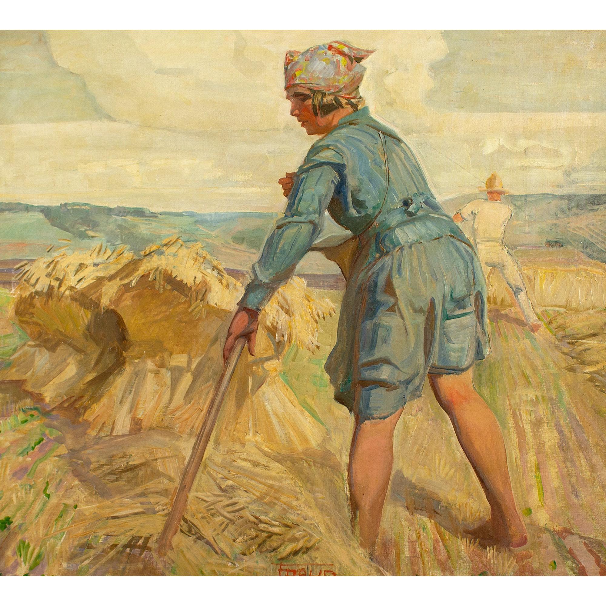 This 20th-century oil on canvas by Danish artist Carl Forup (1883-1939) depicts two figures working tirelessly in a field. Both are making hay.

Through the centre of the composition, we see the hero of the piece, a woman wearing a headscarf, red
