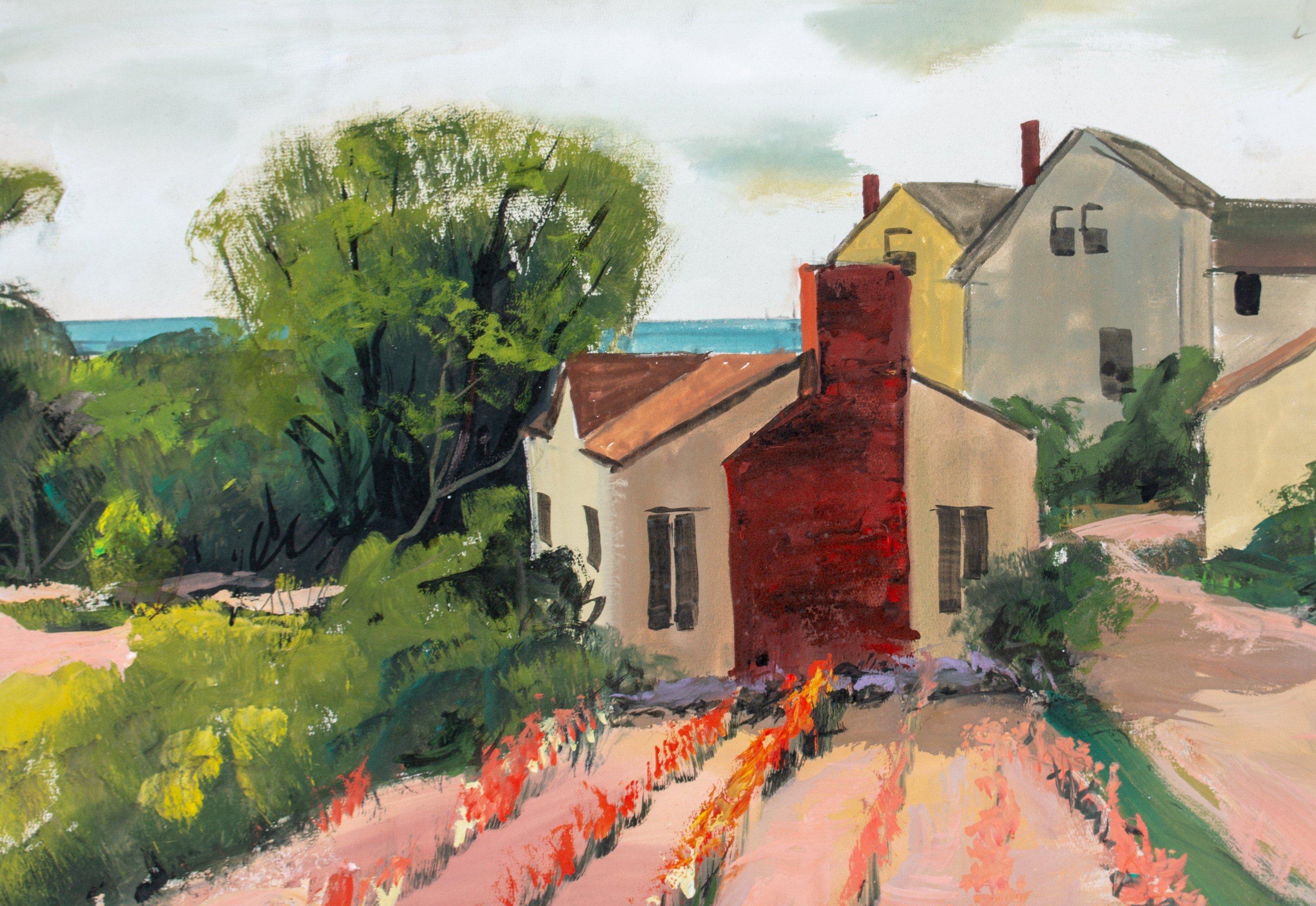 Jardin de fleurs, Cape Cod, peinture de l'école de Cleveland du milieu du siècle dernier - Réalisme américain Painting par Carl Frederick Gaertner