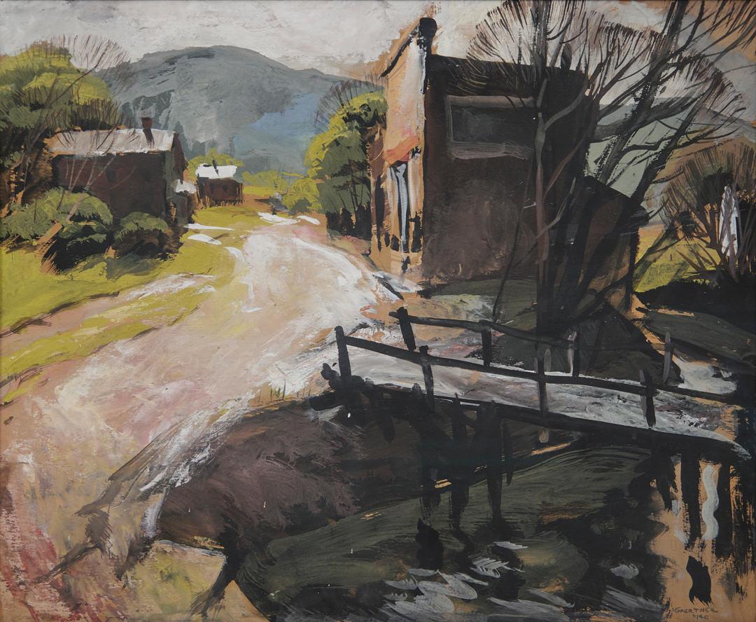 Kleinstadtlandschaft mit Brücke und Fluss, Mitte des 20. Jahrhunderts Cleveland School Artist – Painting von Carl Frederick Gaertner